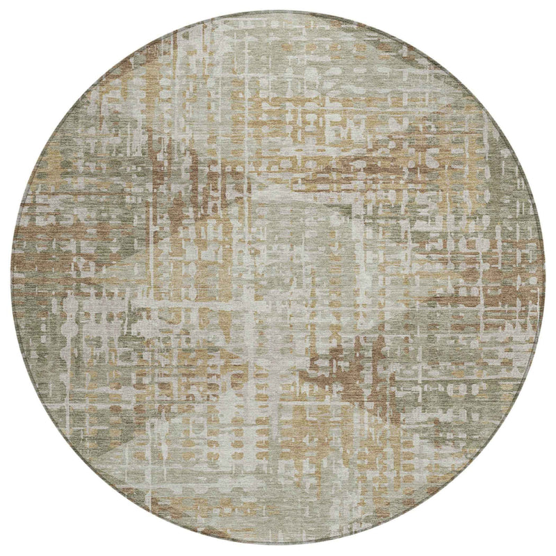 8' Artichoke Green And Brown Round Geometric Washable Indoor Outdoor Area Rug