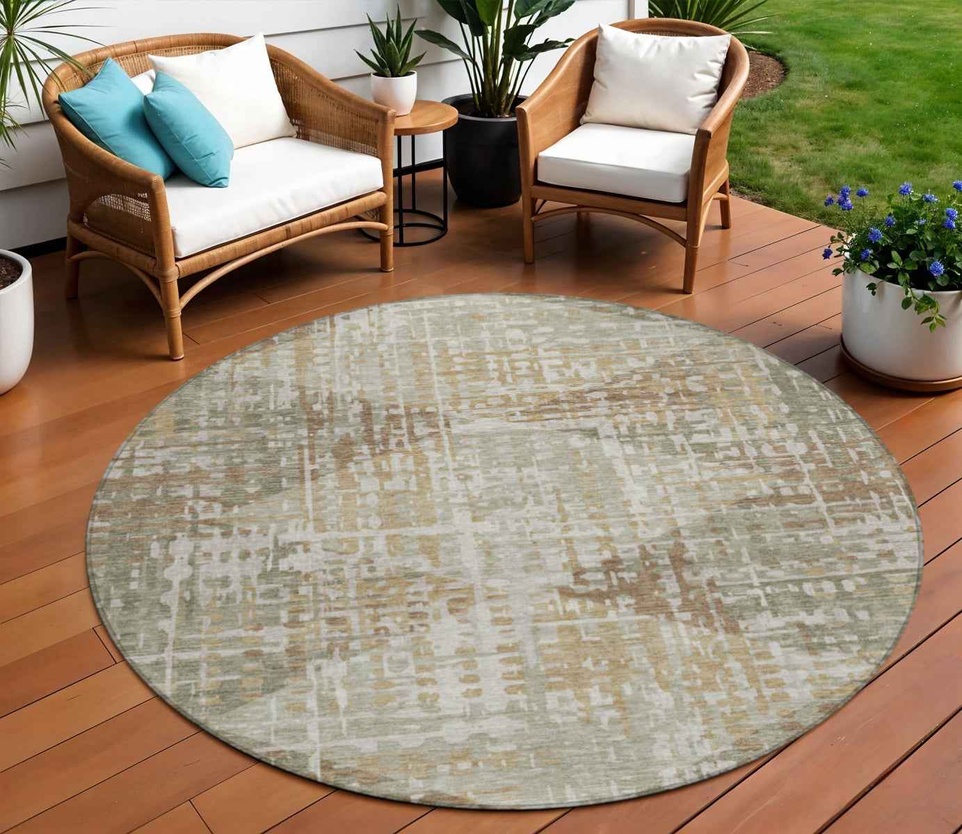 8' Artichoke Green And Brown Round Geometric Washable Indoor Outdoor Area Rug