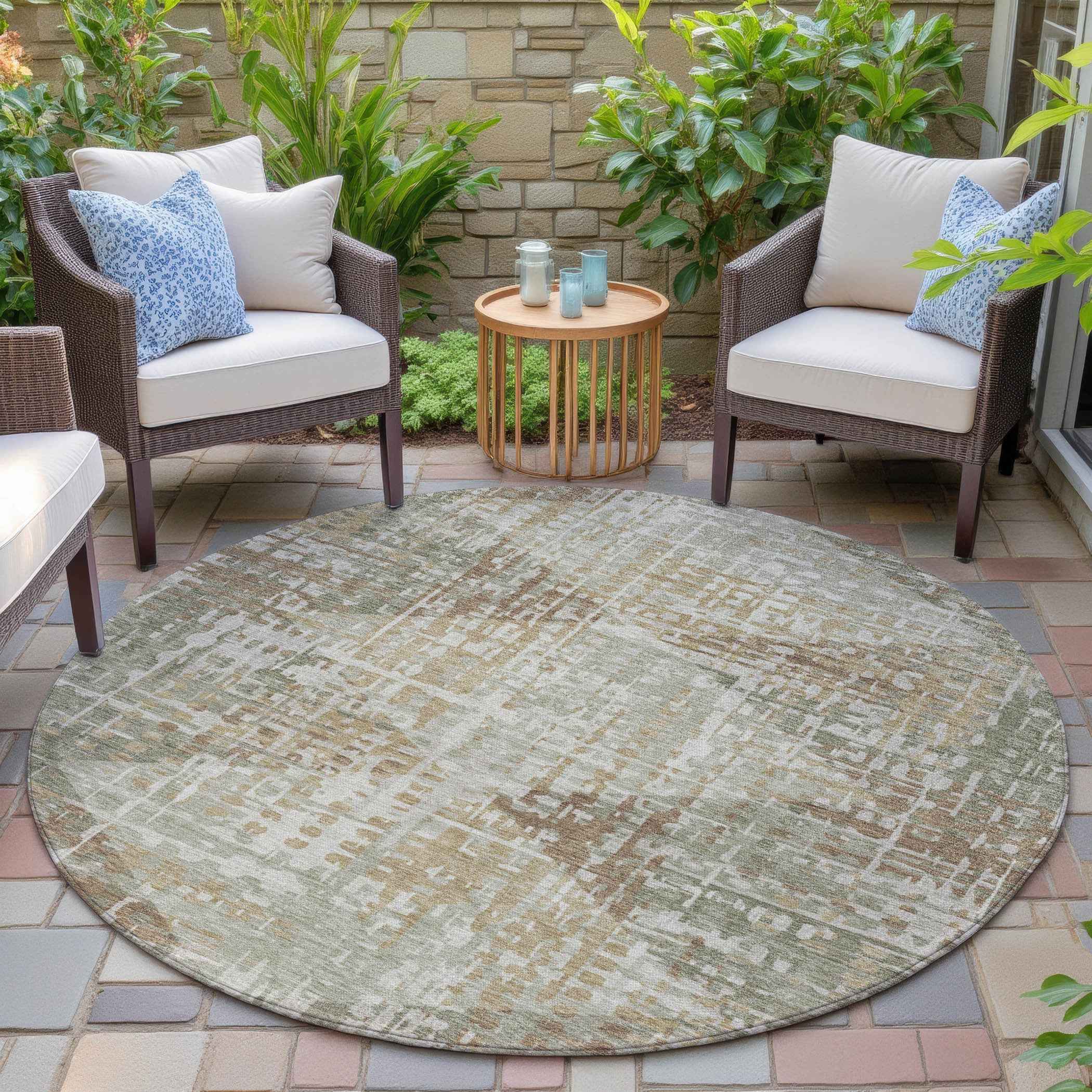 8' Artichoke Green And Brown Round Geometric Washable Indoor Outdoor Area Rug