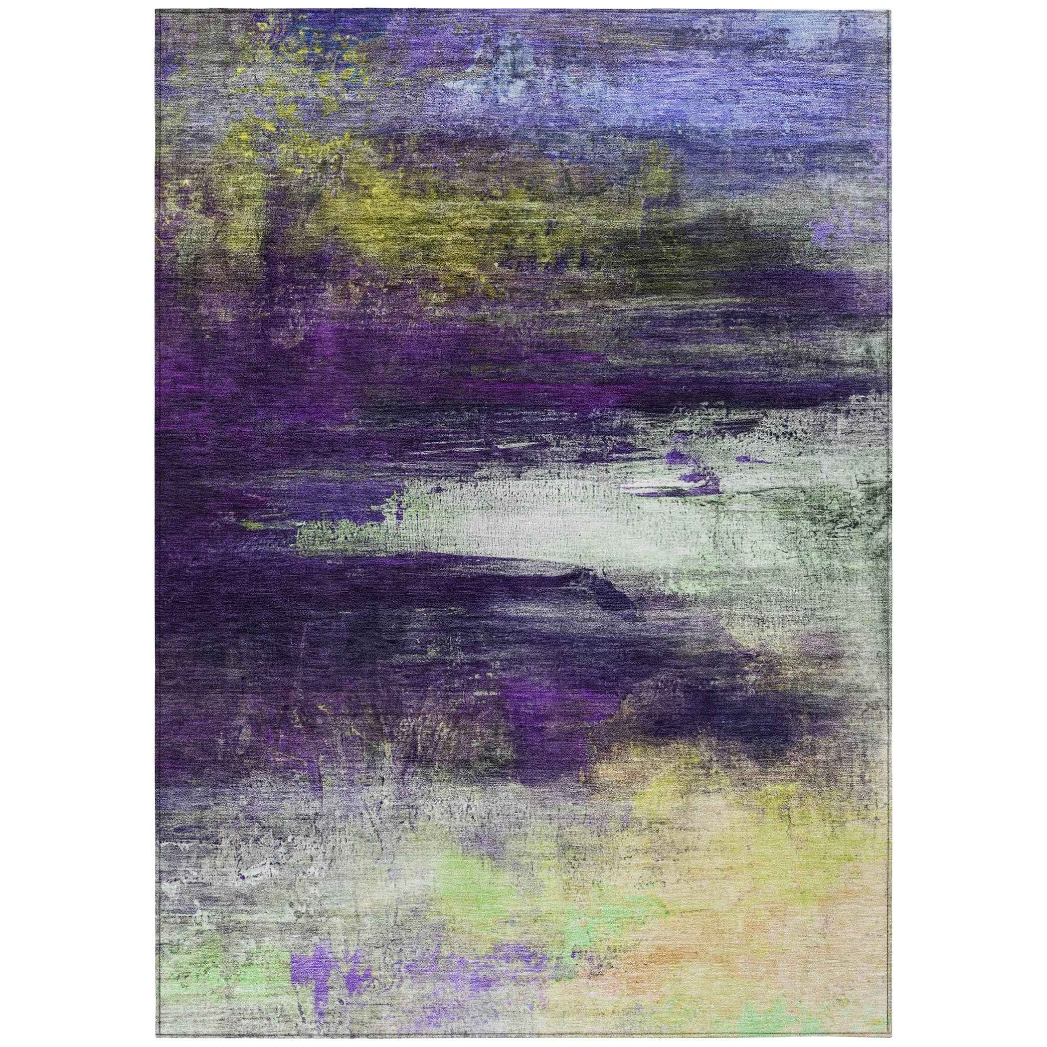 10' X 14' Purple Yellow And Ivory Abstract Washable Indoor Outdoor Area Rug