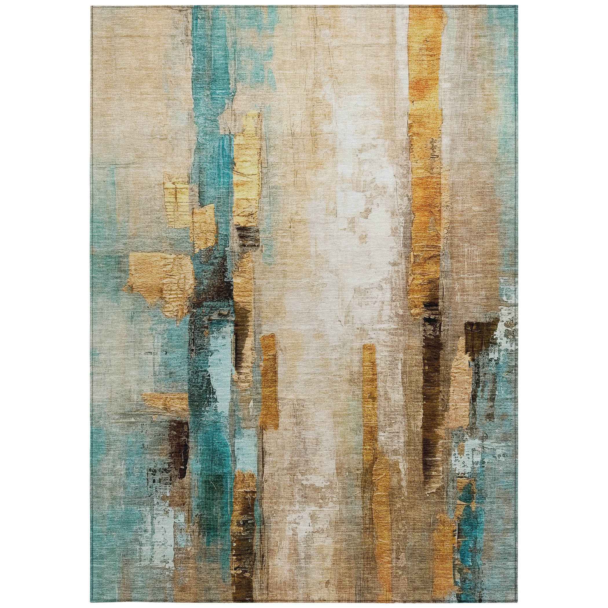 10' X 14' Beige And Teal Blue Abstract Washable Indoor Outdoor Area Rug