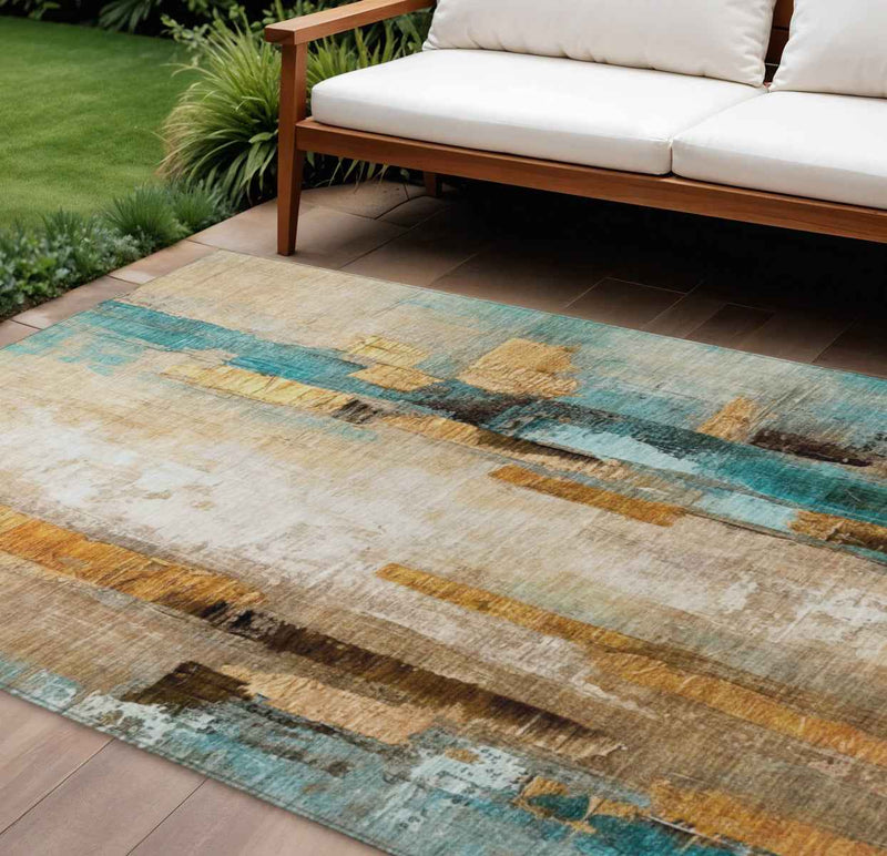 10' X 14' Beige And Teal Blue Abstract Washable Indoor Outdoor Area Rug