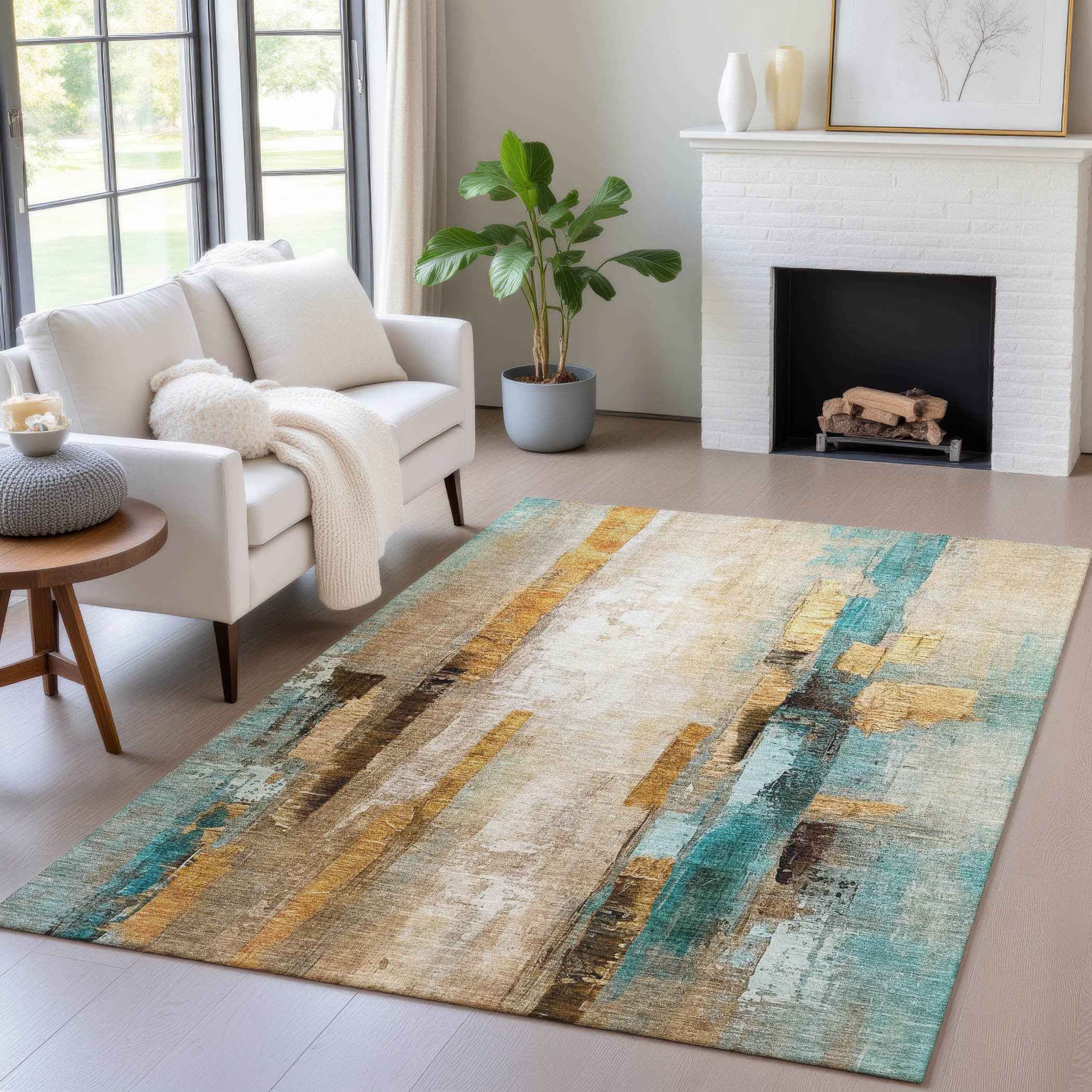10' X 14' Beige And Teal Blue Abstract Washable Indoor Outdoor Area Rug