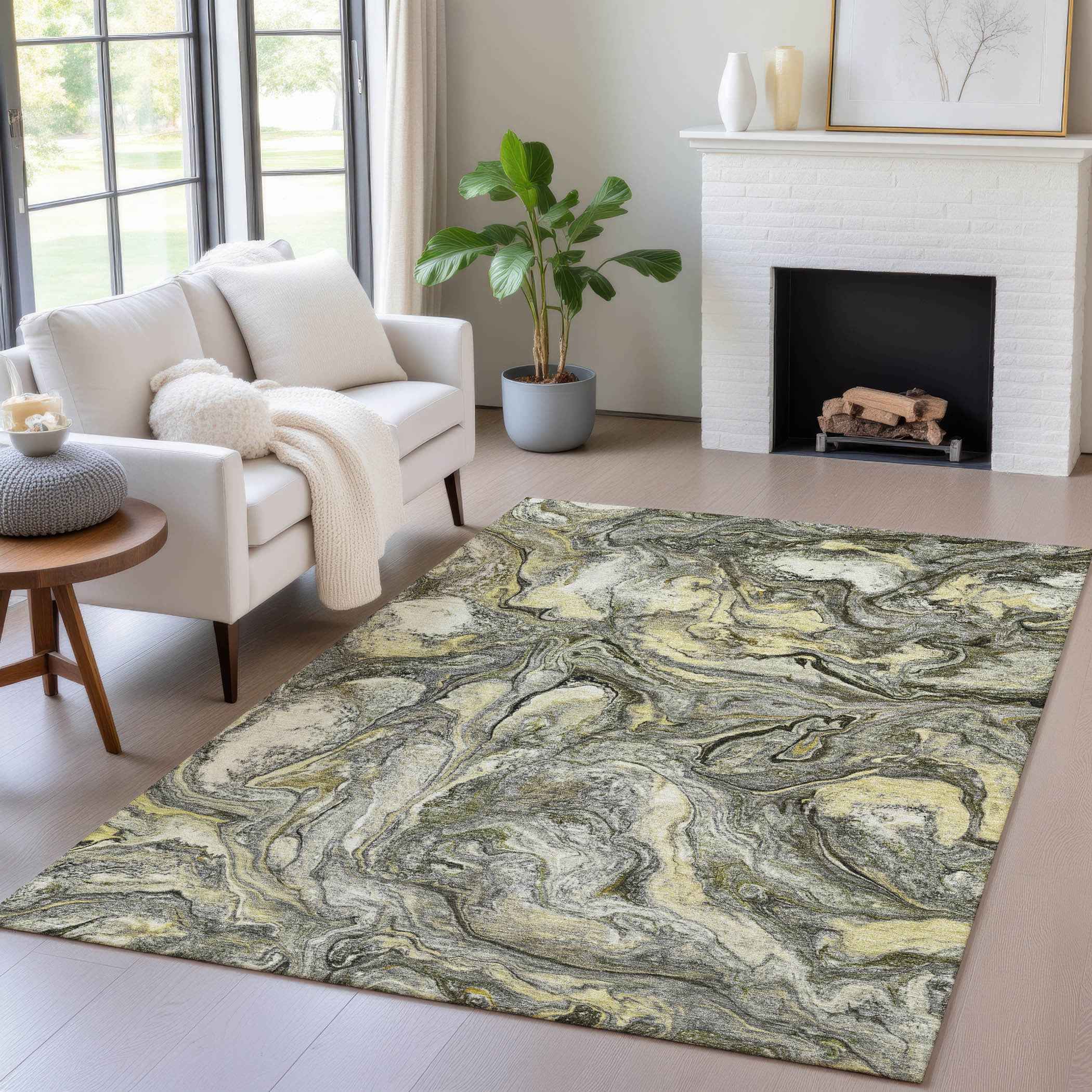 3' X 5' Pewter And Gold Abstract Washable Indoor Outdoor Area Rug