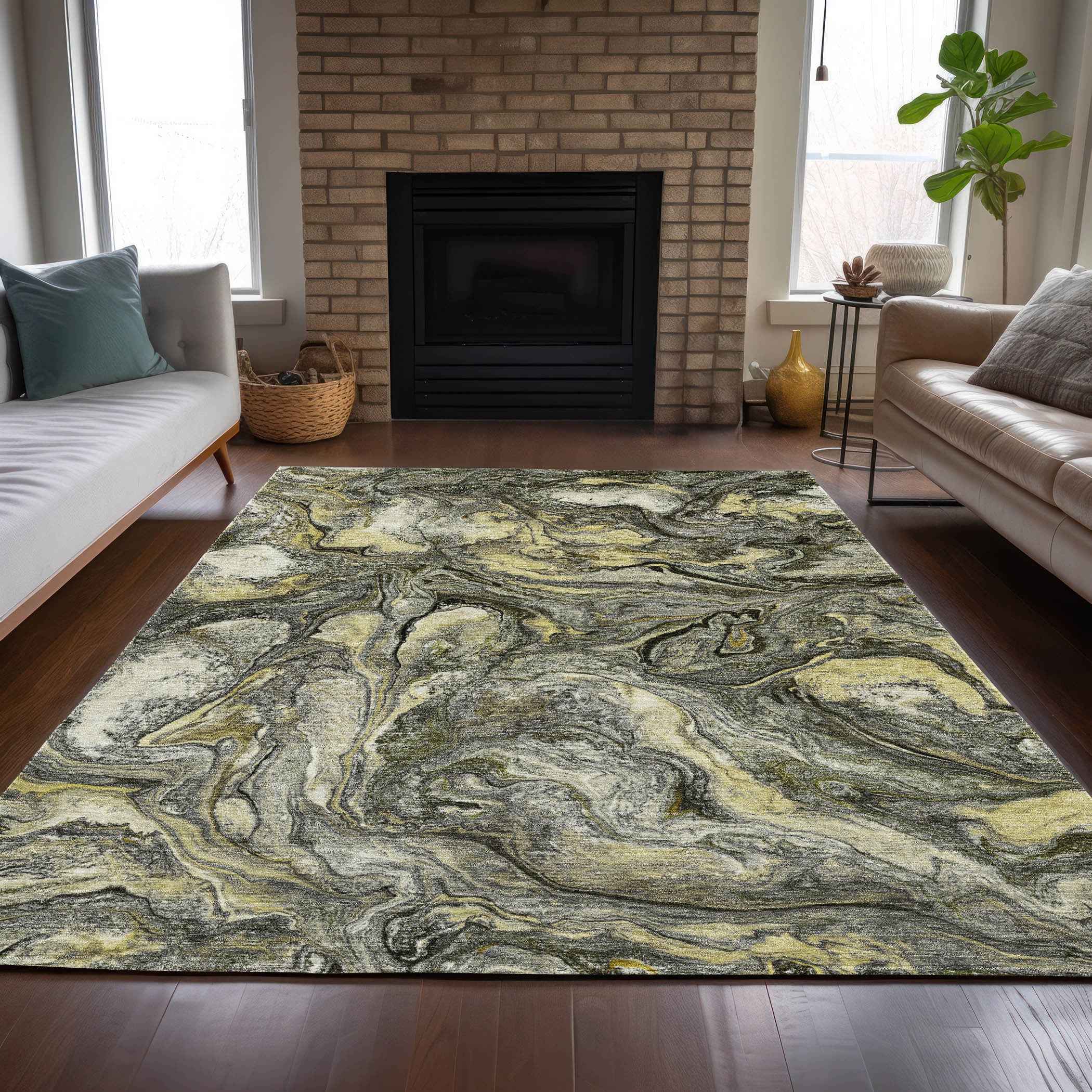 3' X 5' Pewter And Gold Abstract Washable Indoor Outdoor Area Rug