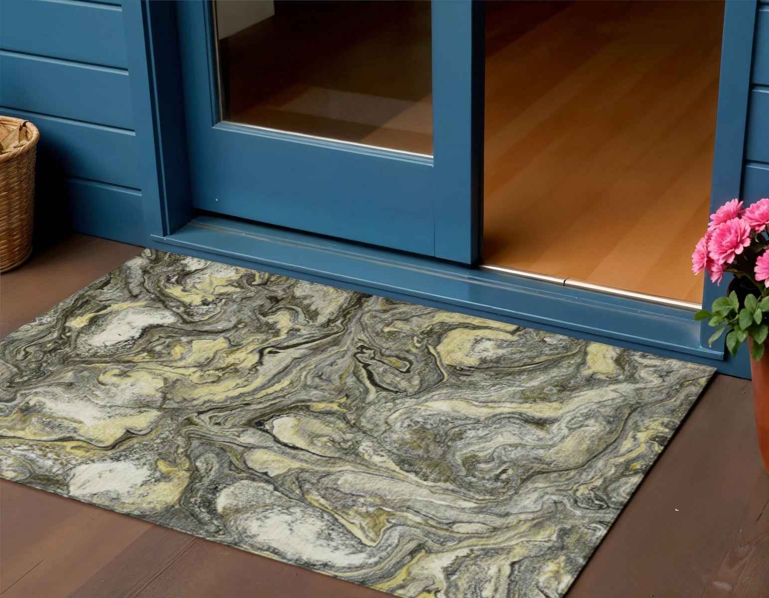 3' X 5' Pewter And Gold Abstract Washable Indoor Outdoor Area Rug