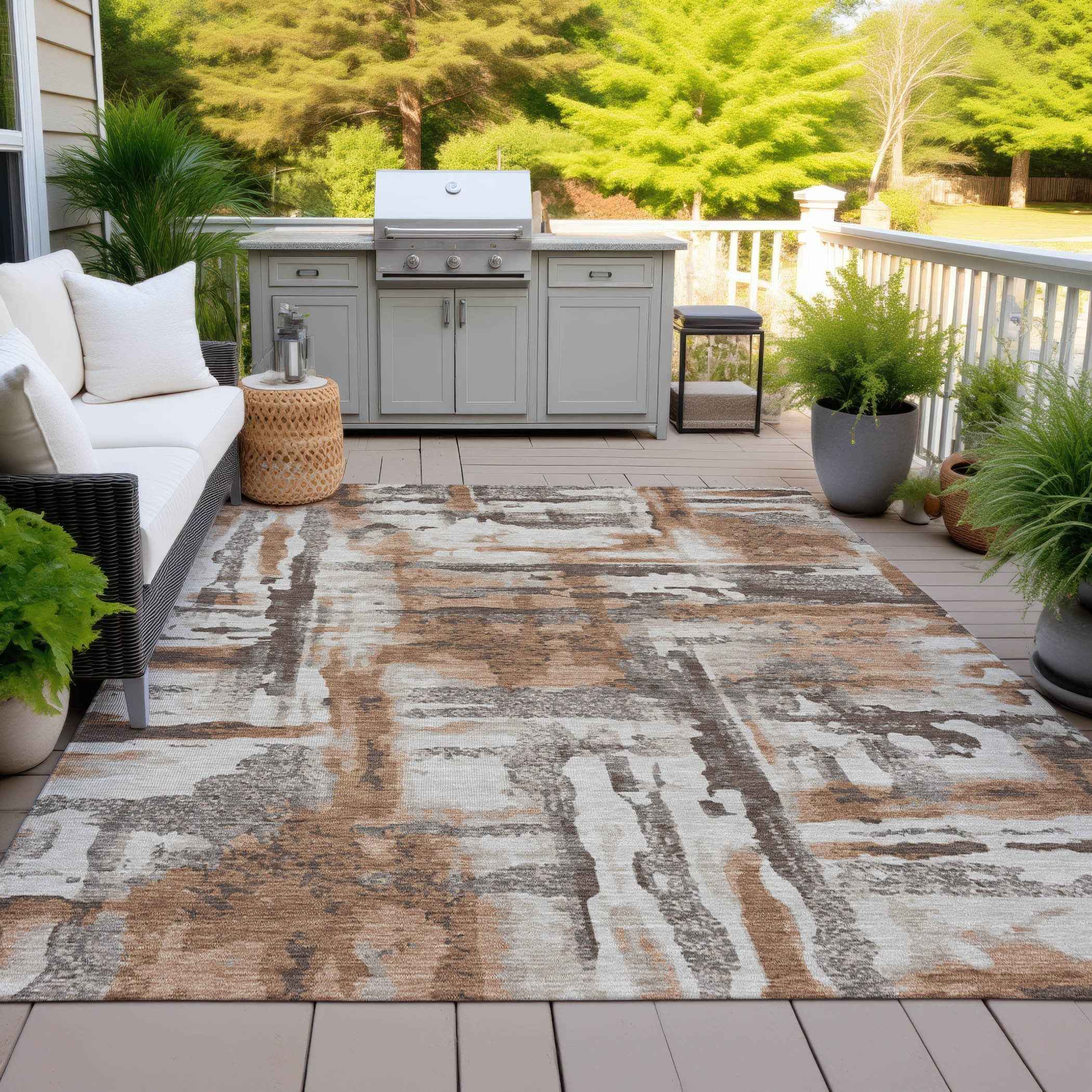 8' X 10' Rust And Taupe Abstract Washable Indoor Outdoor Area Rug