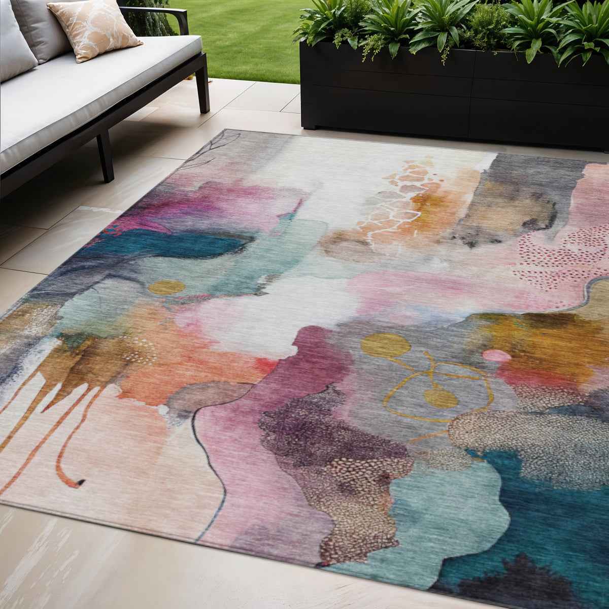 5' X 8' Blush Teal Blue And Ivory Abstract Washable Indoor Outdoor Area Rug