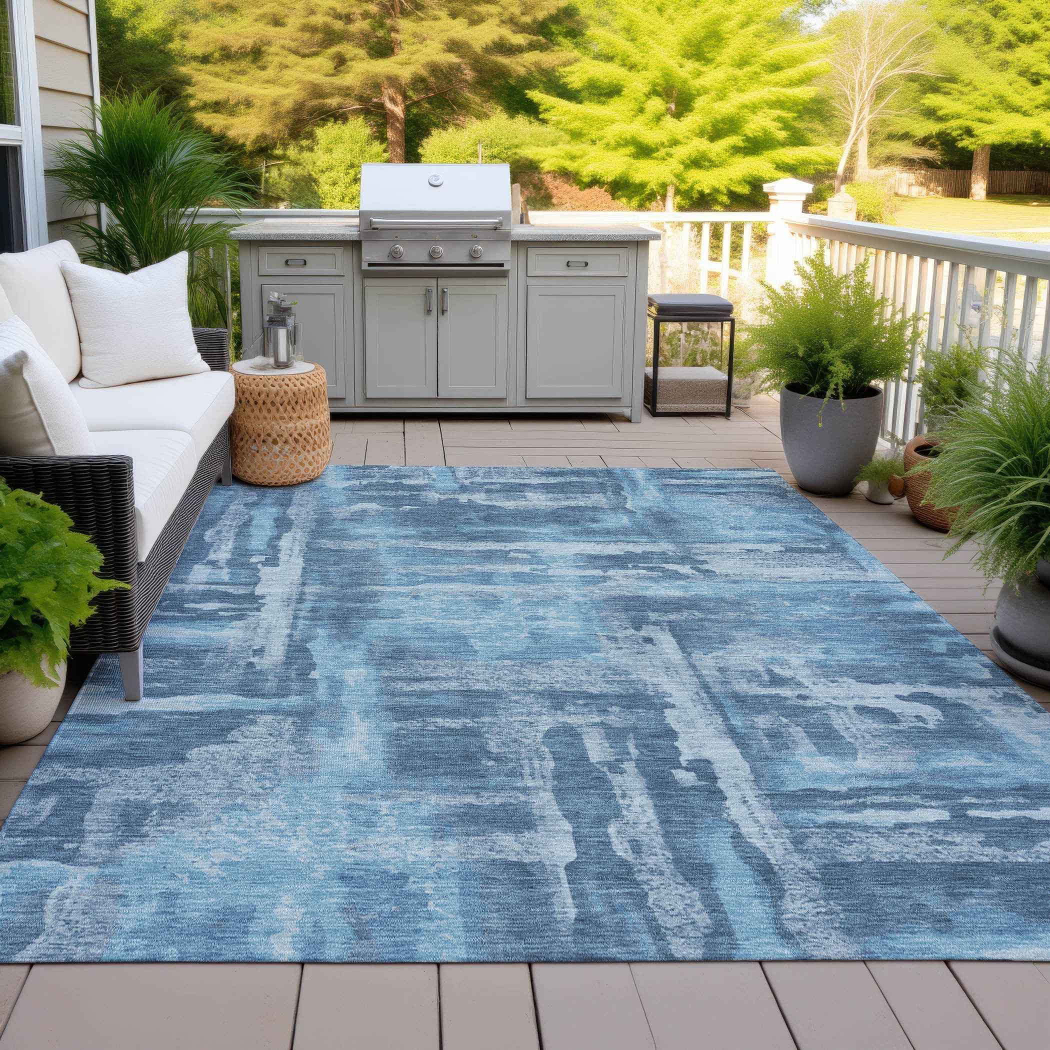 5' X 8' Denim Blue And Sky Blue Abstract Washable Indoor Outdoor Area Rug