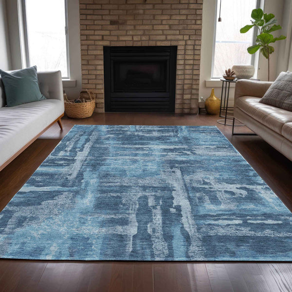 5' X 8' Denim Blue And Sky Blue Abstract Washable Indoor Outdoor Area Rug Default Title