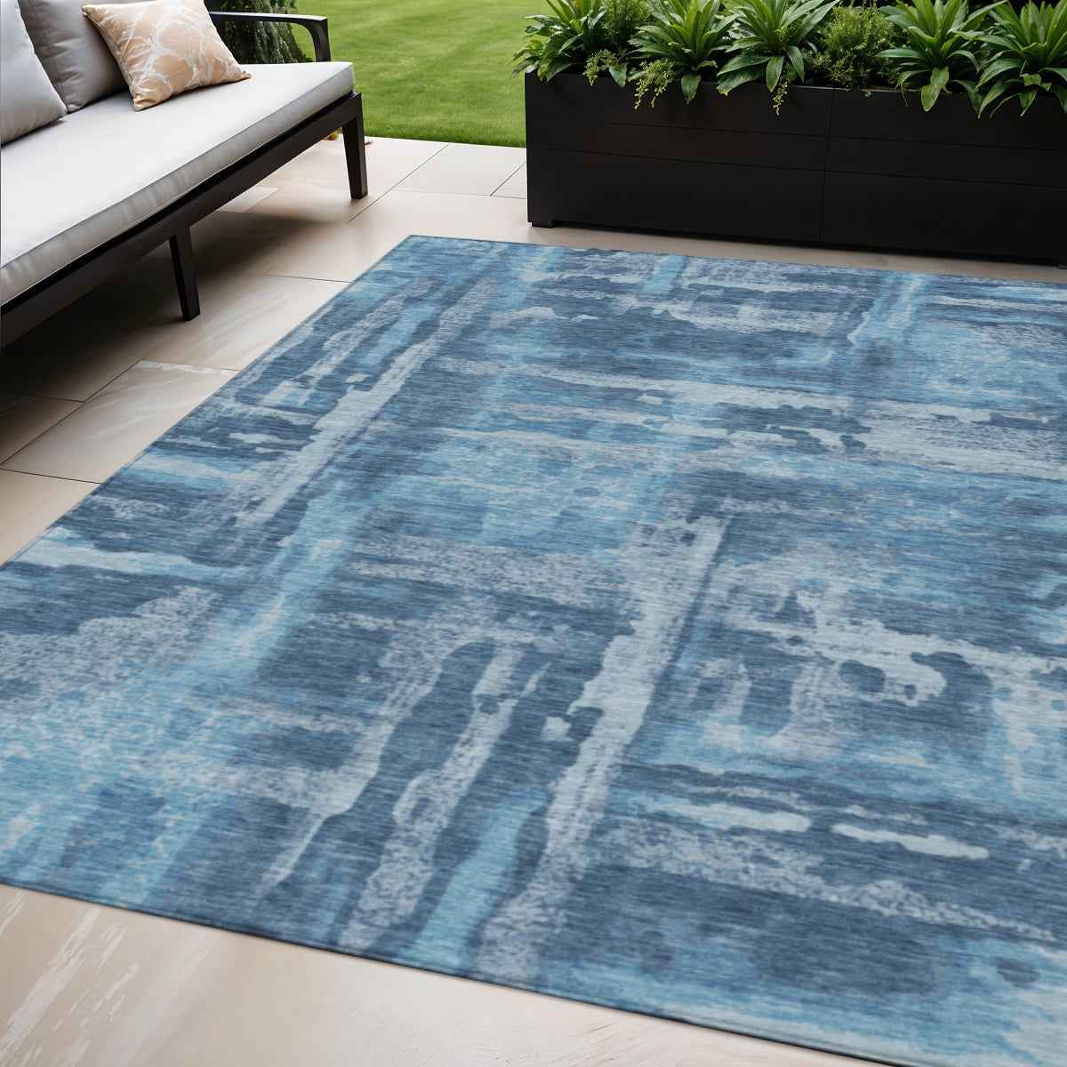 5' X 8' Denim Blue And Sky Blue Abstract Washable Indoor Outdoor Area Rug