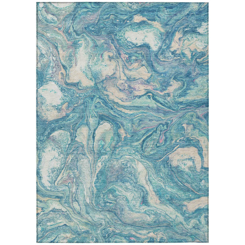 10' X 14' Teal Blue And Ivory Abstract Washable Indoor Outdoor Area Rug