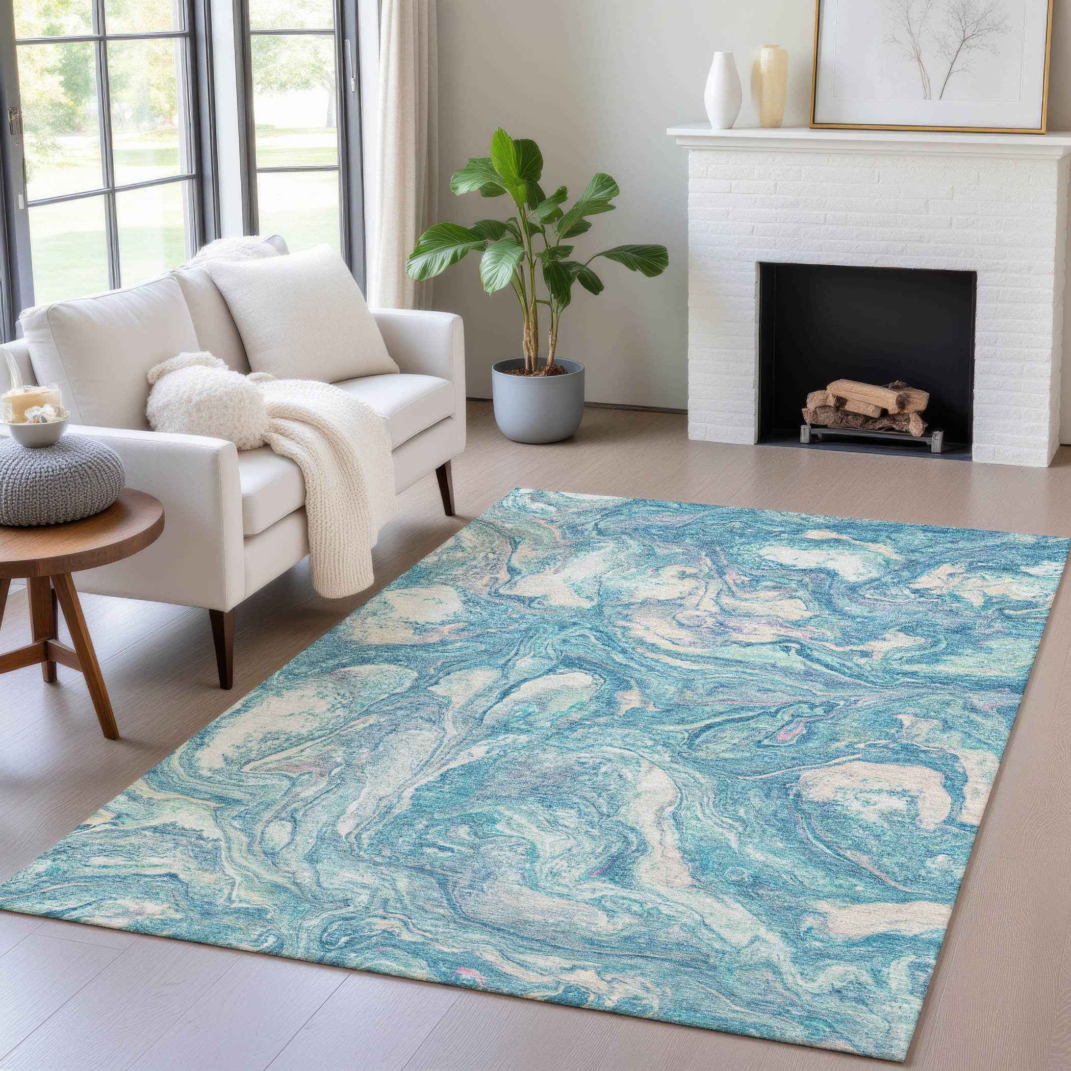 10' X 14' Teal Blue And Ivory Abstract Washable Indoor Outdoor Area Rug