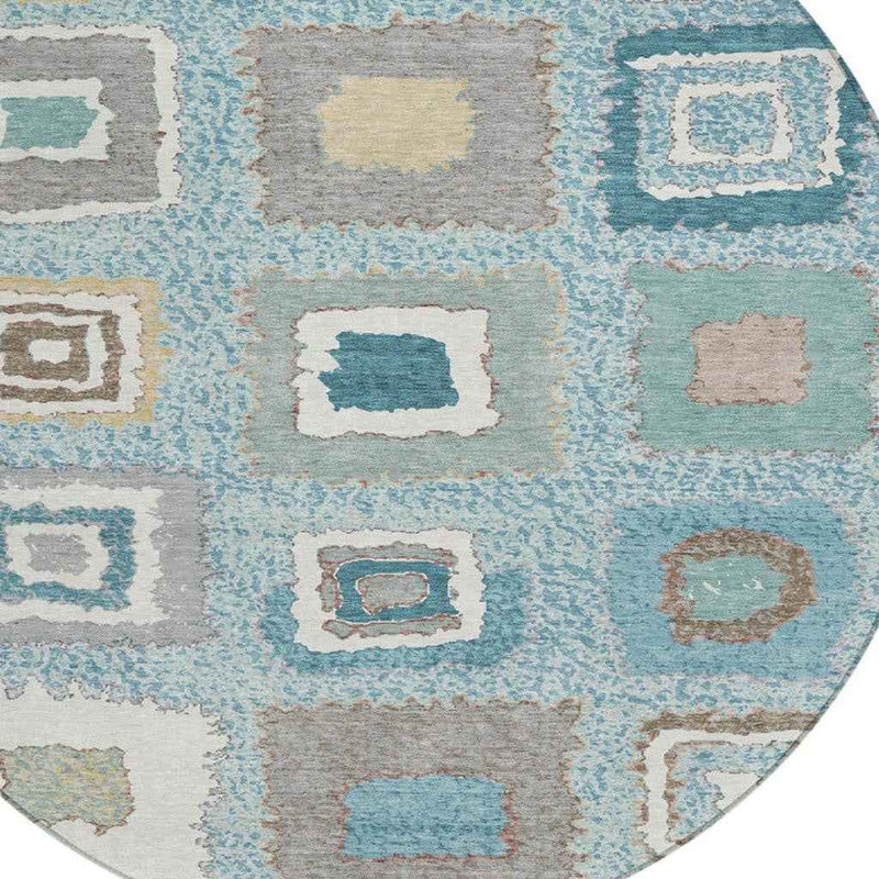 8' Teal Blue Beige And Ivory Round Geometric Washable Indoor Outdoor Area Rug