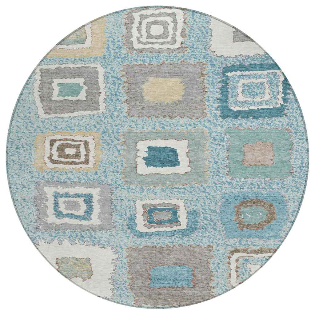 8' Teal Blue Beige And Ivory Round Geometric Washable Indoor Outdoor Area Rug