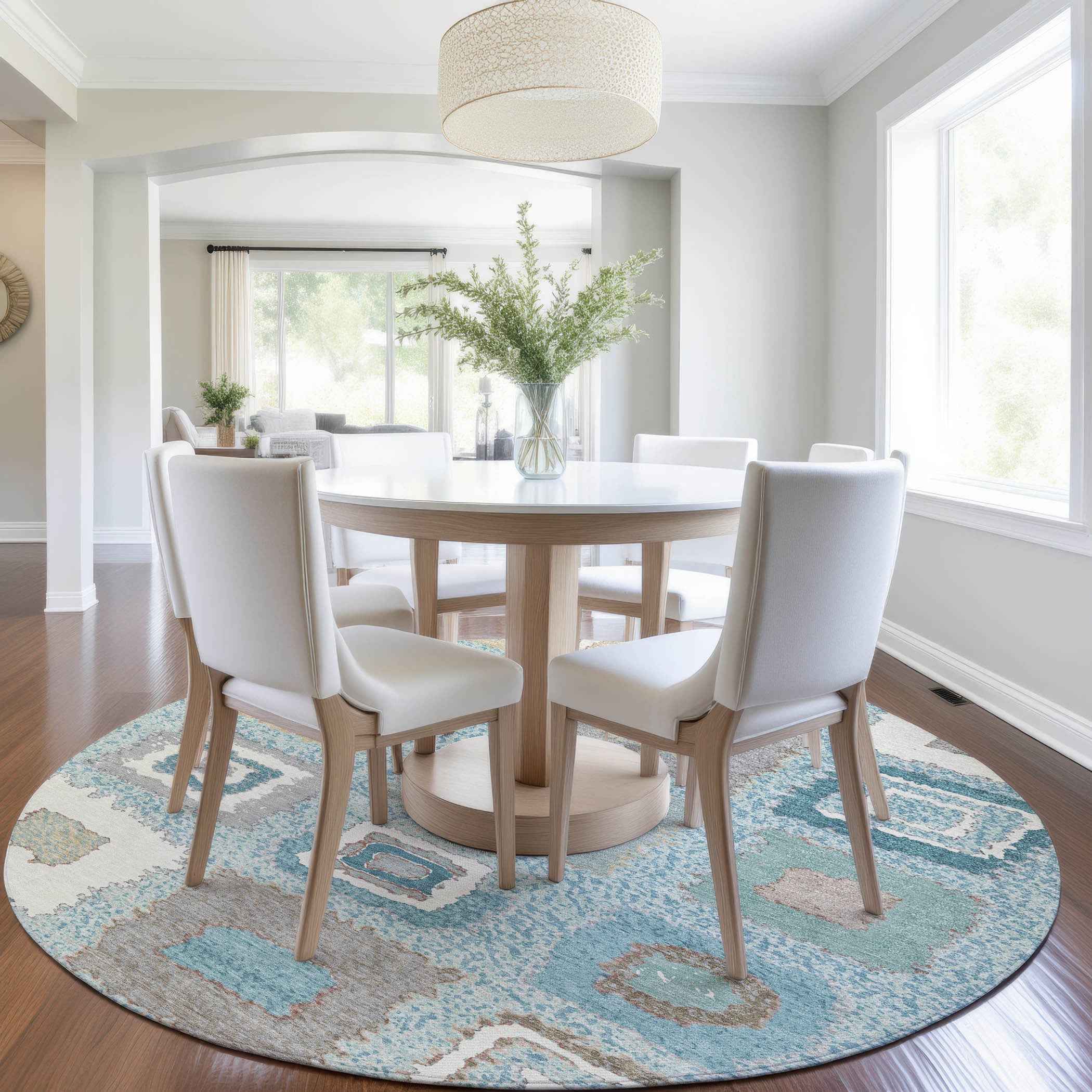 8' Teal Blue Beige And Ivory Round Geometric Washable Indoor Outdoor Area Rug