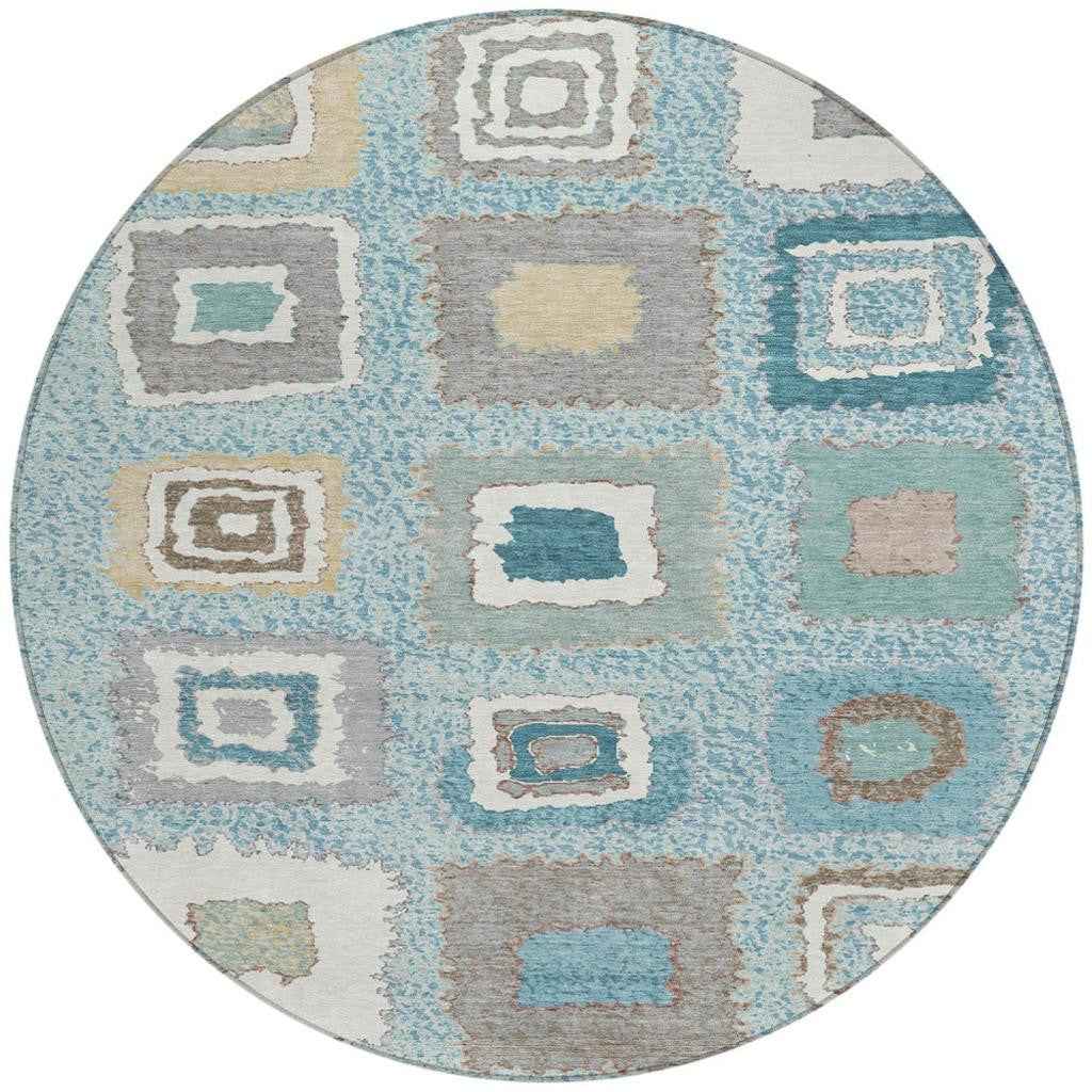 8' Teal Blue Beige And Ivory Round Geometric Washable Indoor Outdoor Area Rug
