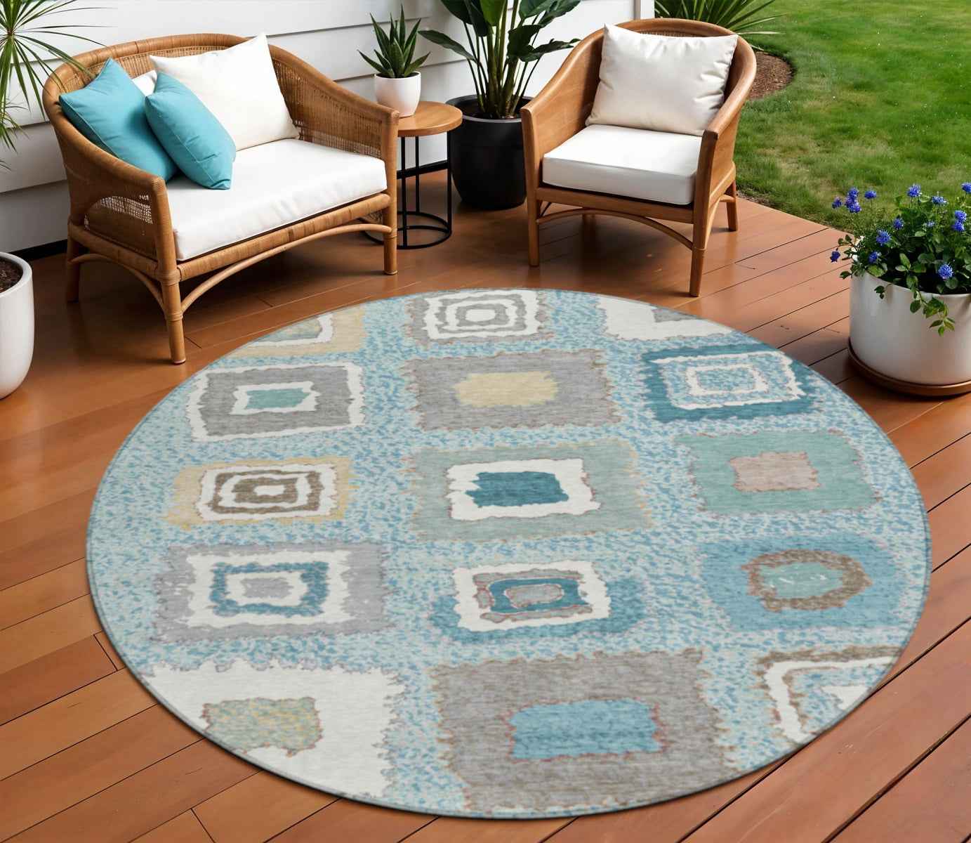 8' Teal Blue Beige And Ivory Round Geometric Washable Indoor Outdoor Area Rug