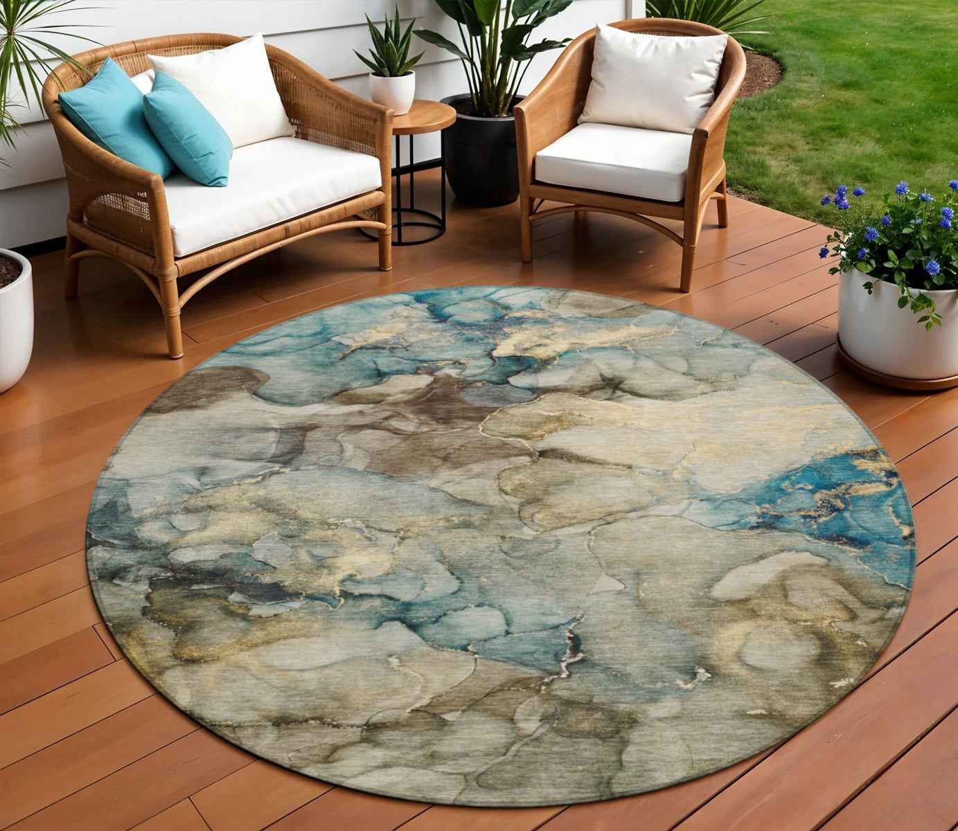 8' Brown And Teal Blue Round Abstract Washable Indoor Outdoor Area Rug