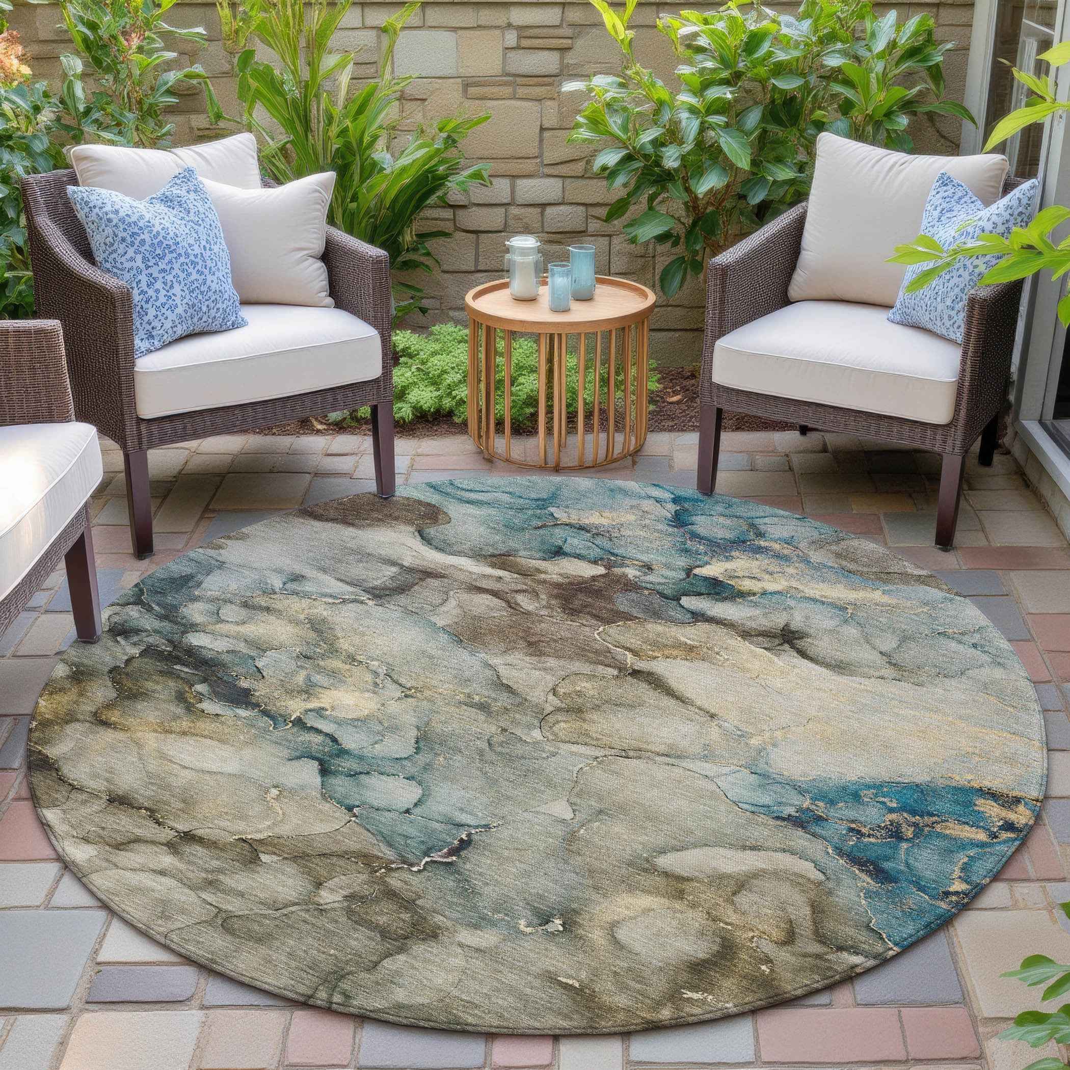 8' Brown And Teal Blue Round Abstract Washable Indoor Outdoor Area Rug