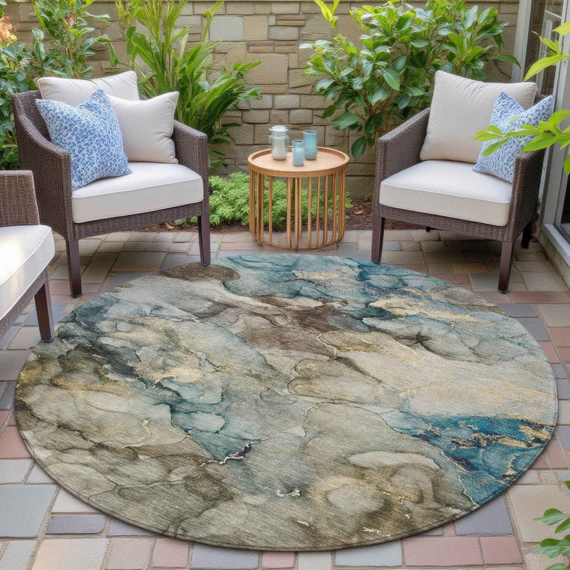 8' Brown And Teal Blue Round Abstract Washable Indoor Outdoor Area Rug