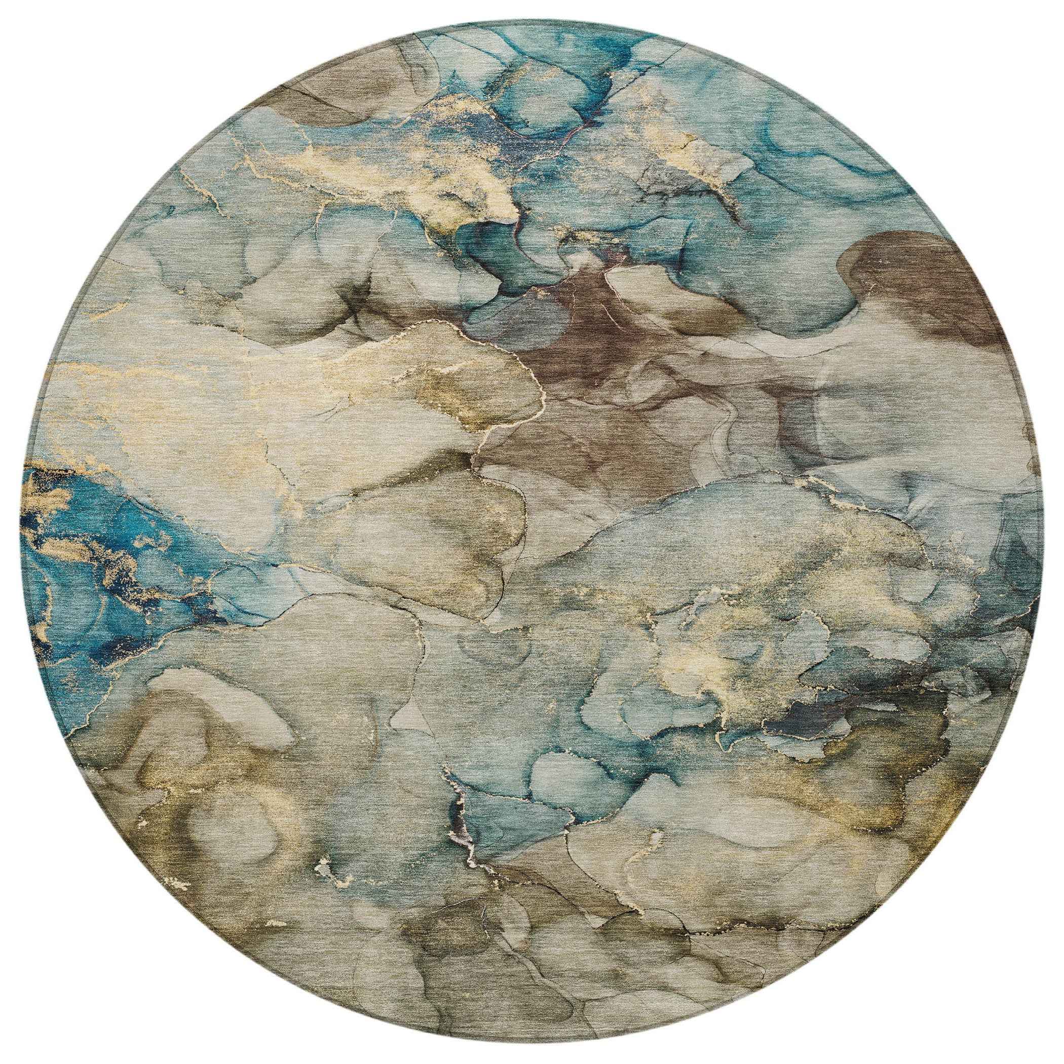 8' Brown And Teal Blue Round Abstract Washable Indoor Outdoor Area Rug