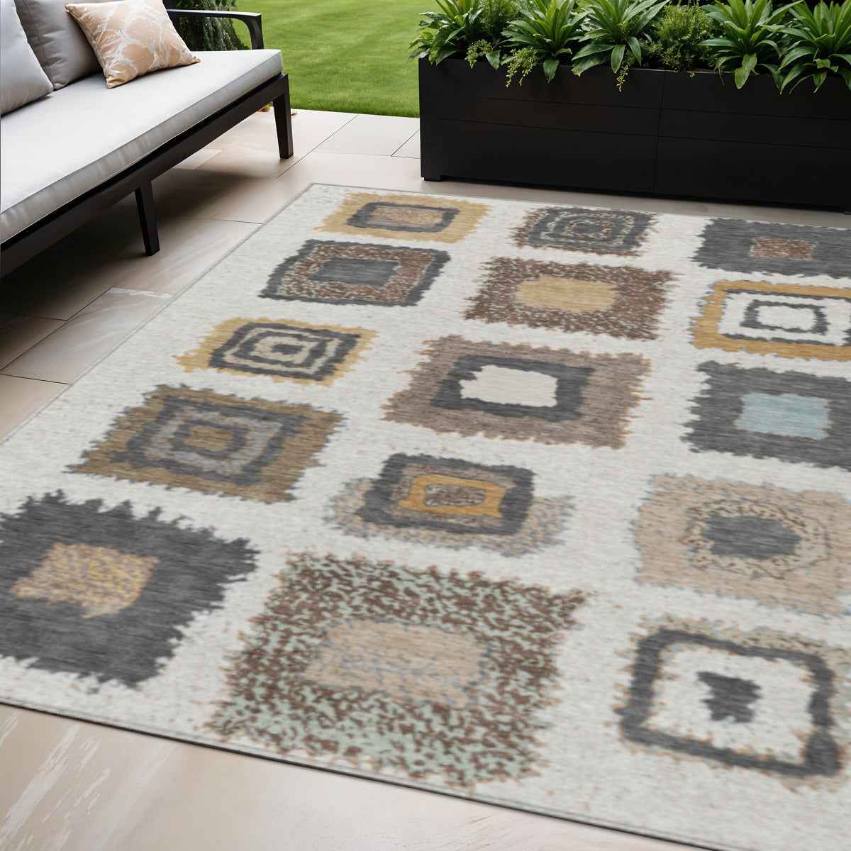 5' X 8' Ivory Charcoal And Gold Geometric Washable Indoor Outdoor Area Rug