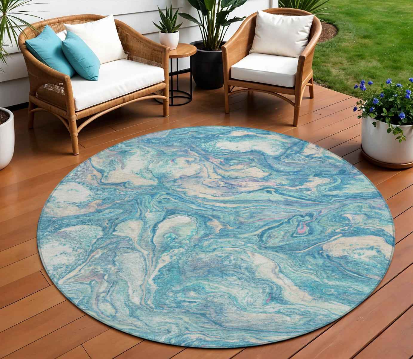 8' Teal Blue And Ivory Round Abstract Washable Indoor Outdoor Area Rug