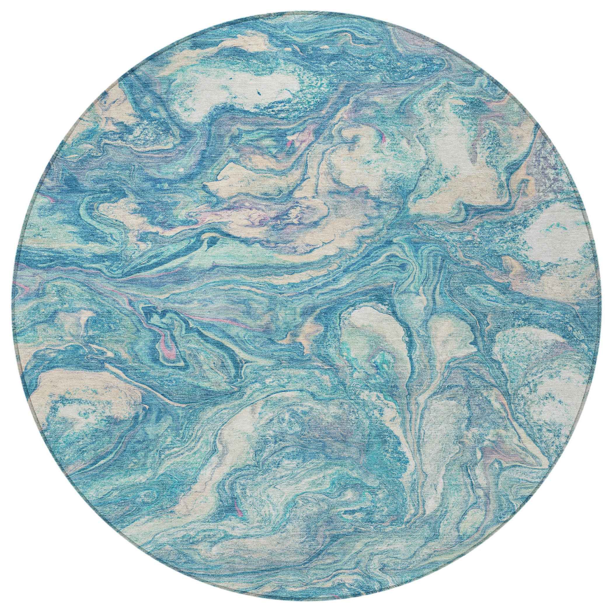 8' Teal Blue And Ivory Round Abstract Washable Indoor Outdoor Area Rug