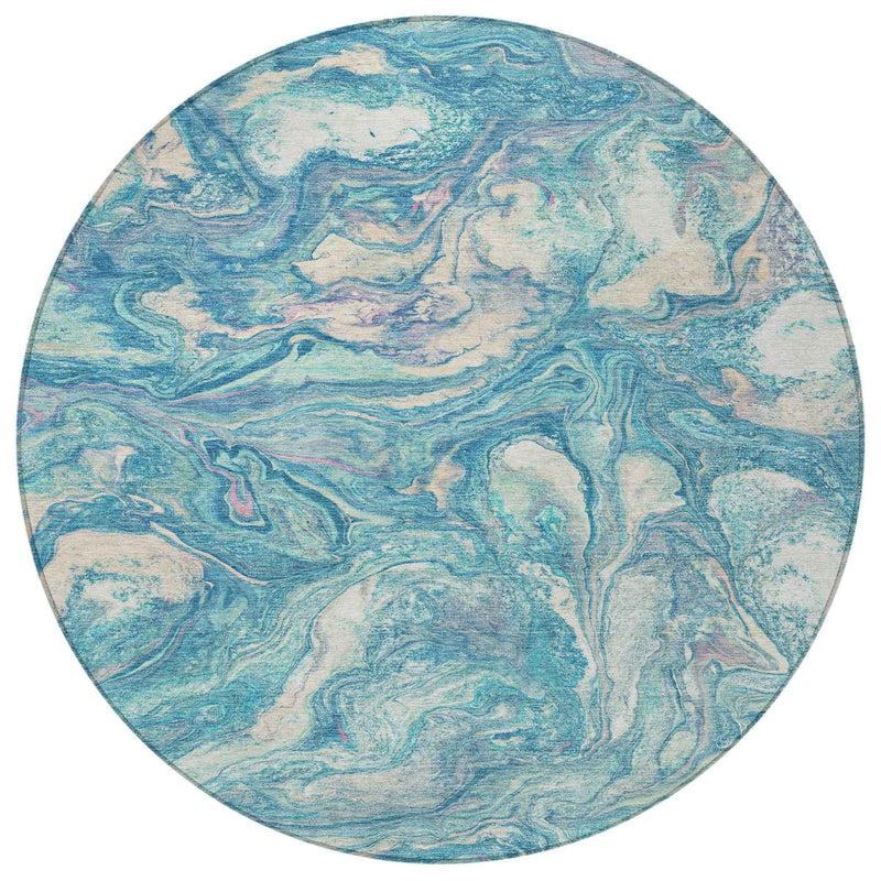 8' Teal Blue And Ivory Round Abstract Washable Indoor Outdoor Area Rug