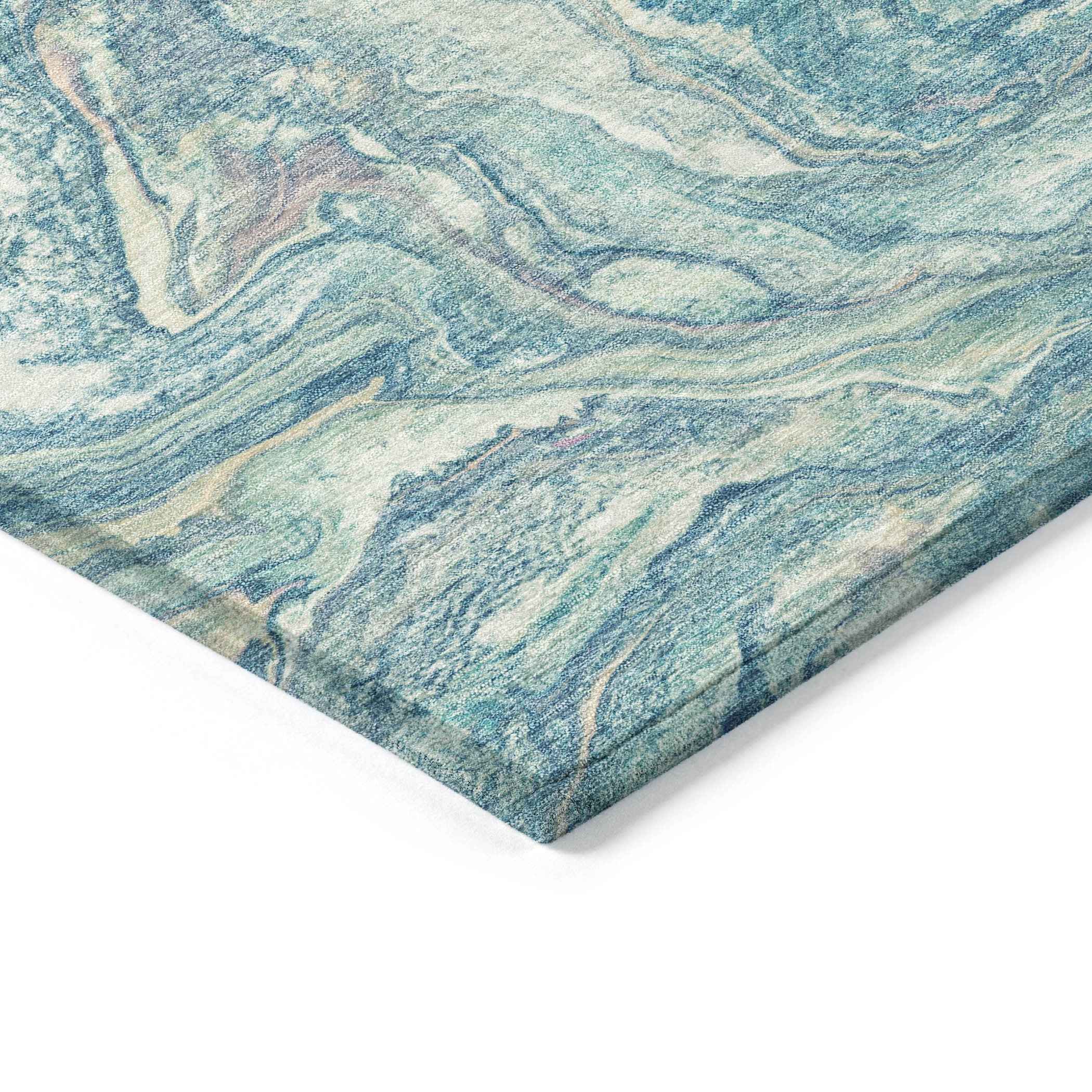 8' Teal Blue And Ivory Round Abstract Washable Indoor Outdoor Area Rug