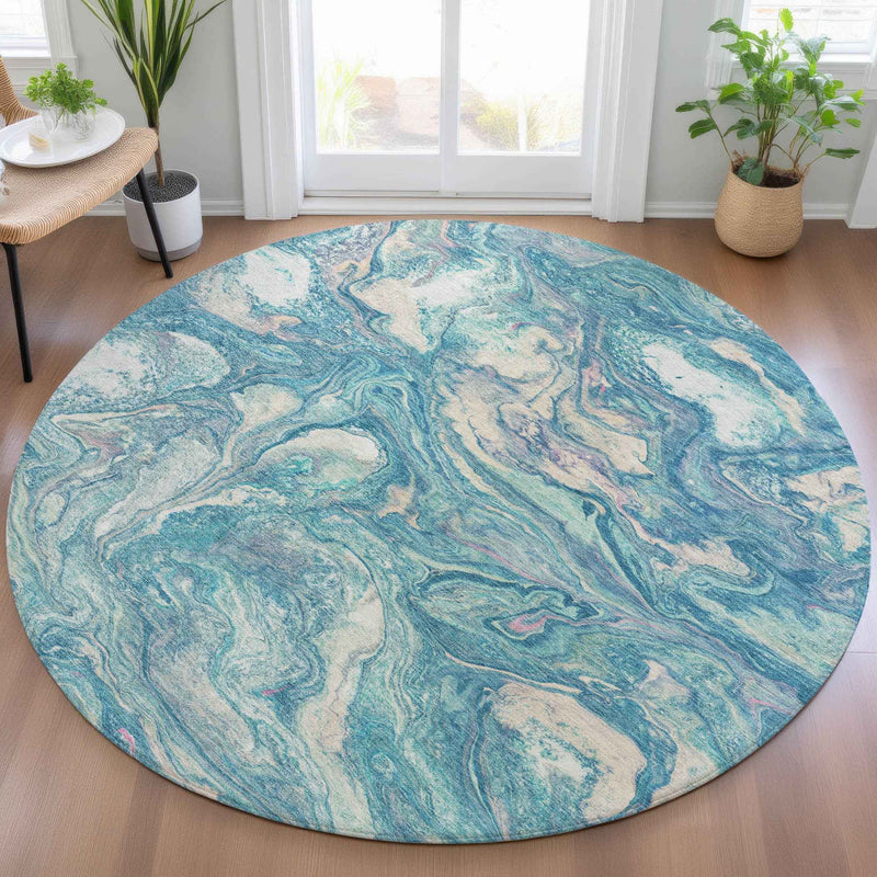 8' Teal Blue And Ivory Round Abstract Washable Indoor Outdoor Area Rug