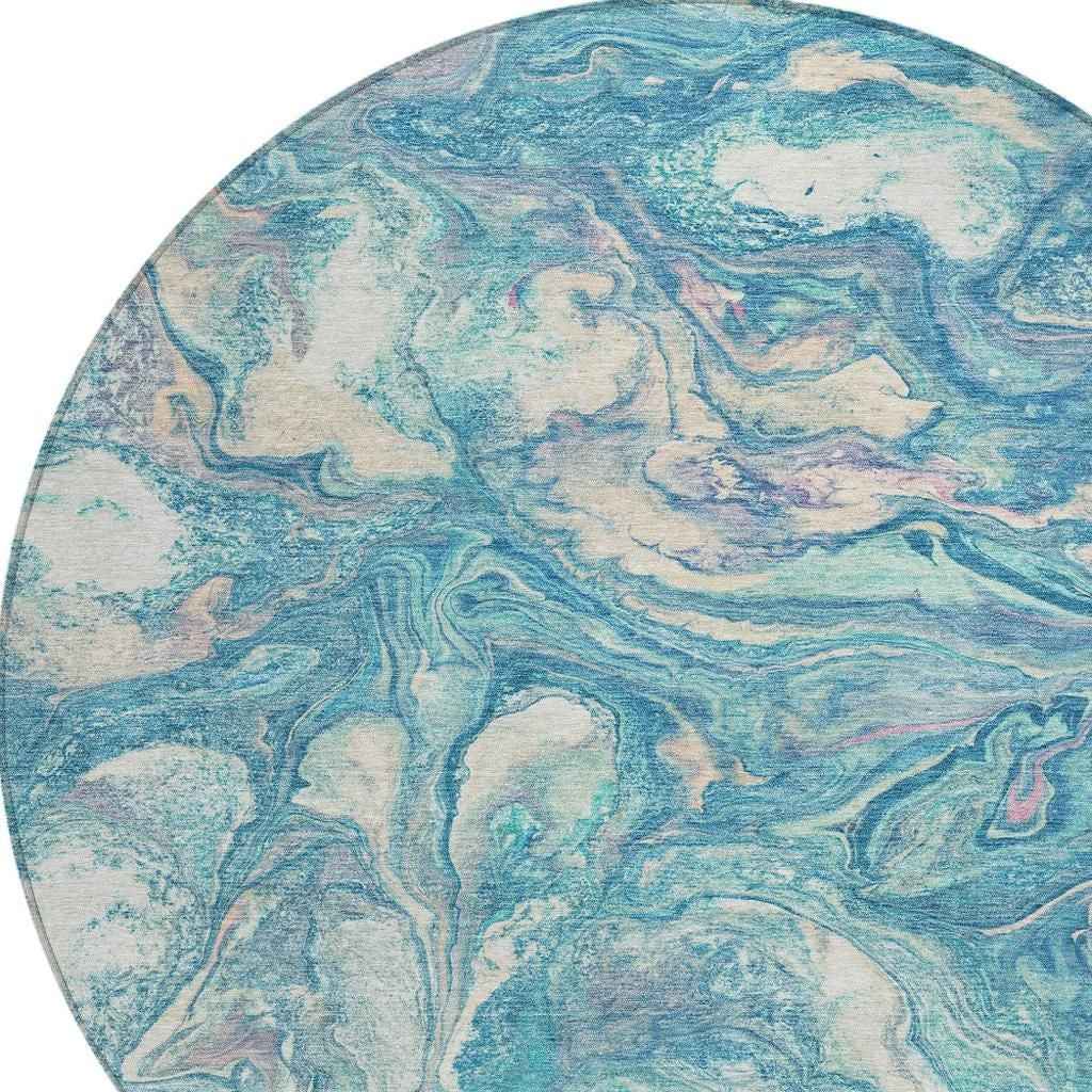 8' Teal Blue And Ivory Round Abstract Washable Indoor Outdoor Area Rug
