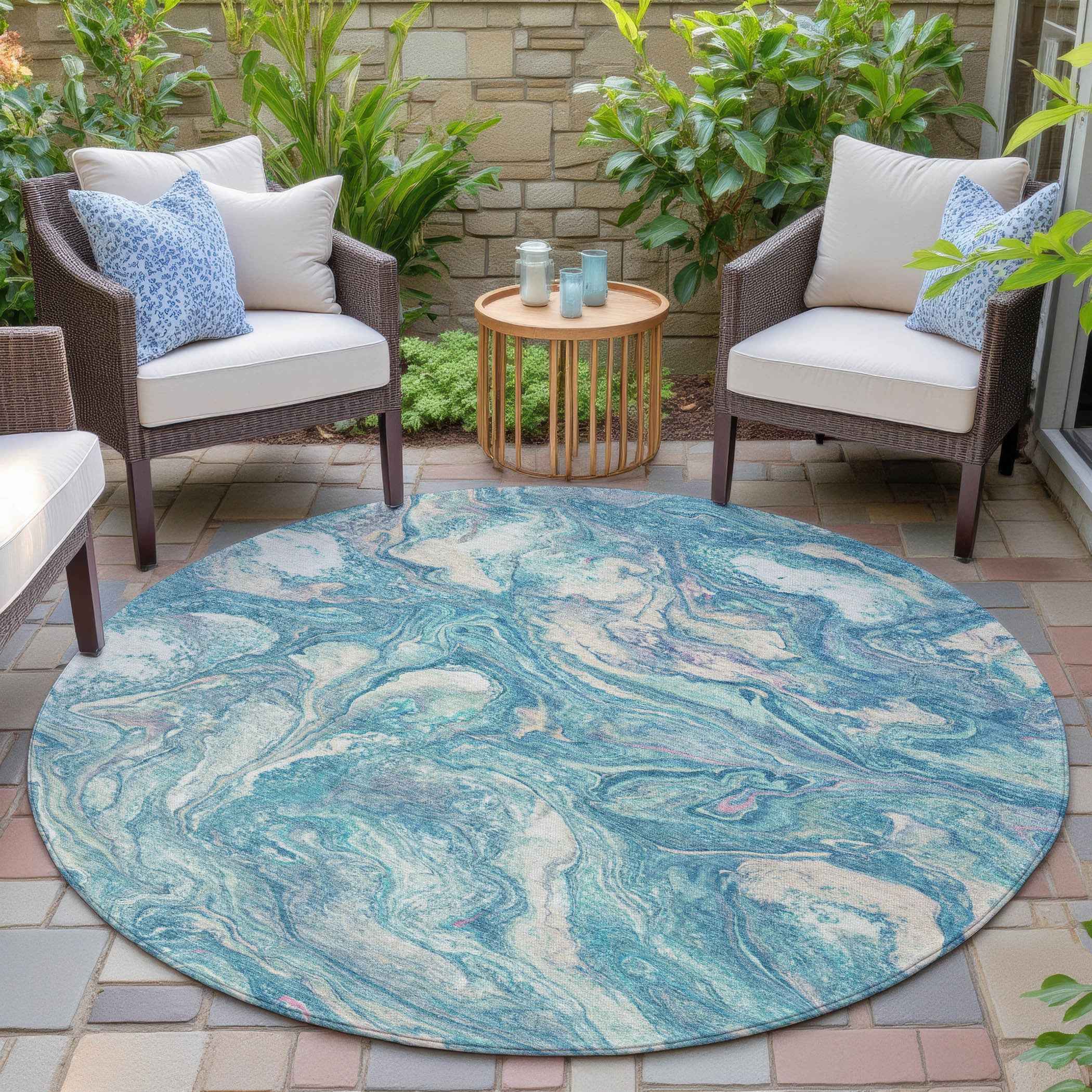 8' Teal Blue And Ivory Round Abstract Washable Indoor Outdoor Area Rug