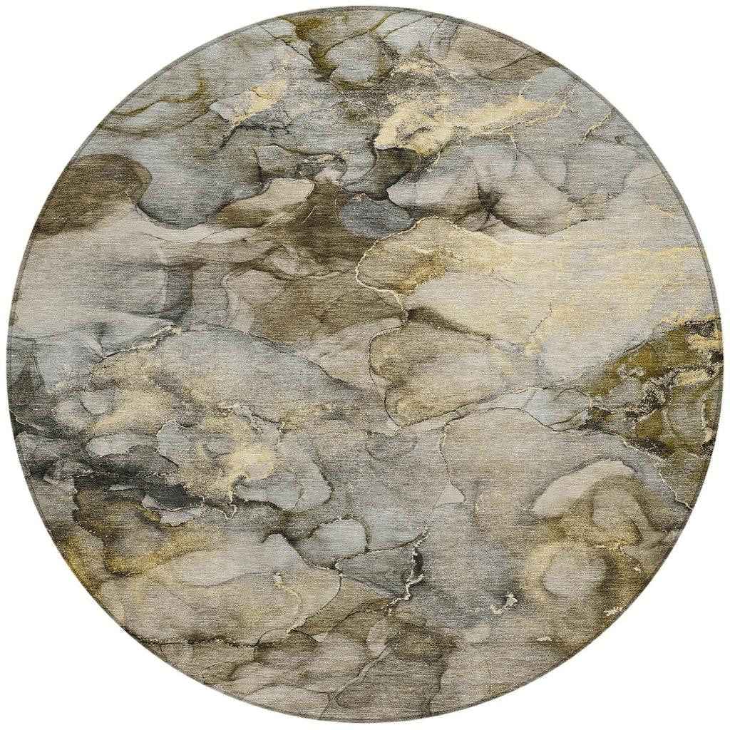 8' Pewter And Gold Round Abstract Washable Indoor Outdoor Area Rug