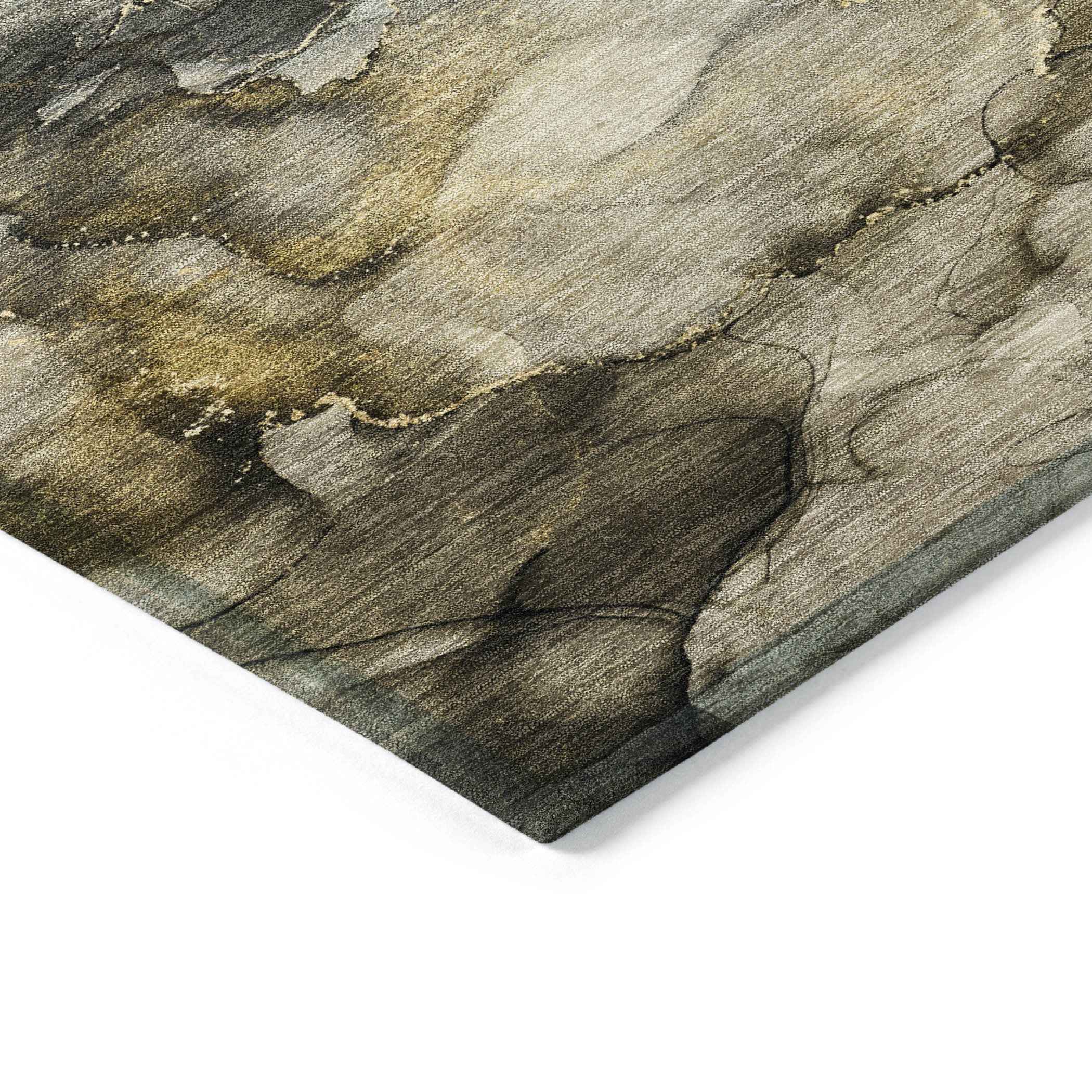 8' Pewter And Gold Round Abstract Washable Indoor Outdoor Area Rug