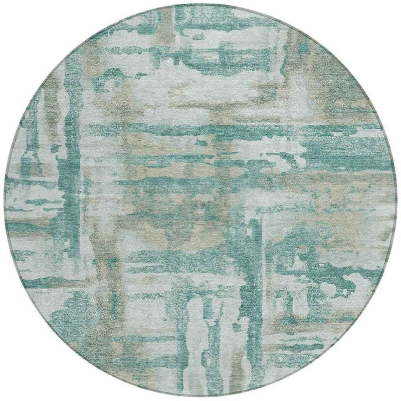 8' Teal Blue And Ivory Round Abstract Washable Indoor Outdoor Area Rug