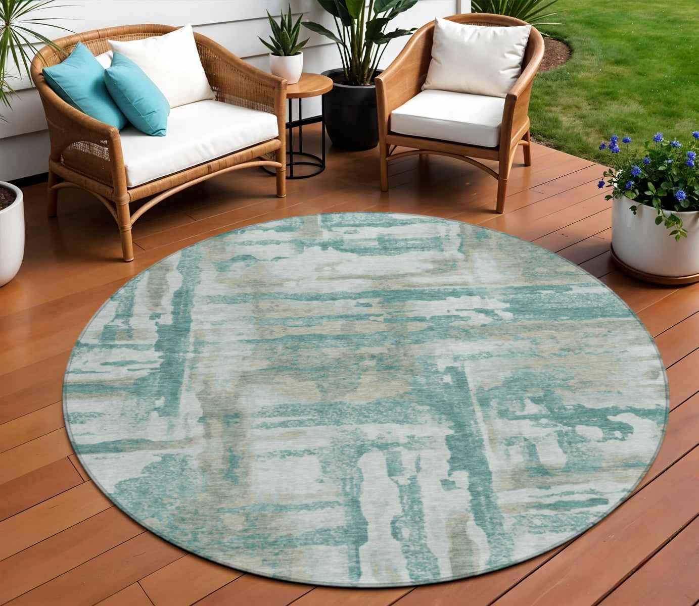 8' Teal Blue And Ivory Round Abstract Washable Indoor Outdoor Area Rug