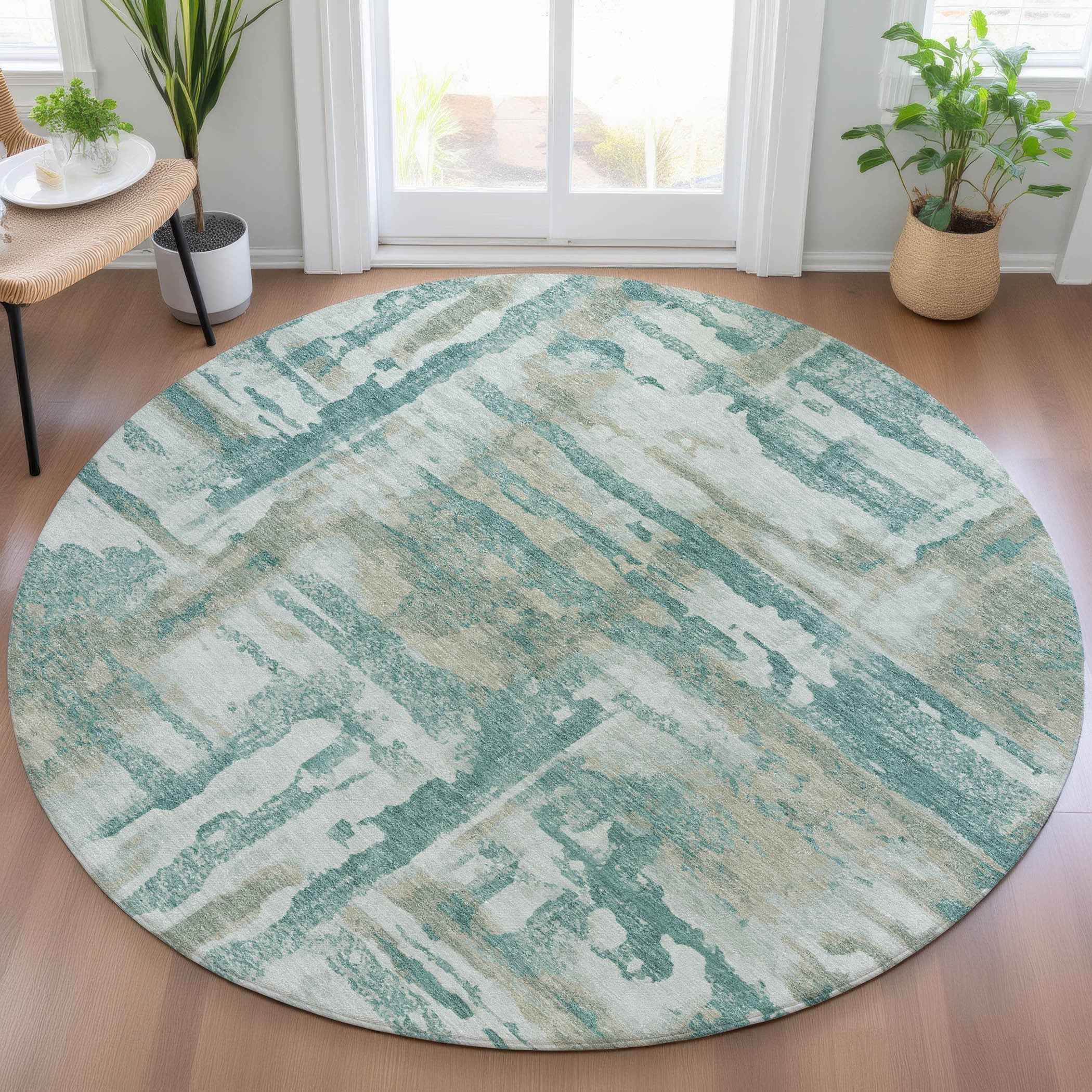 8' Teal Blue And Ivory Round Abstract Washable Indoor Outdoor Area Rug