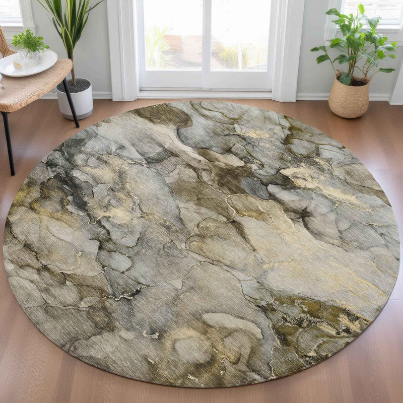 8' Pewter And Gold Round Abstract Washable Indoor Outdoor Area Rug