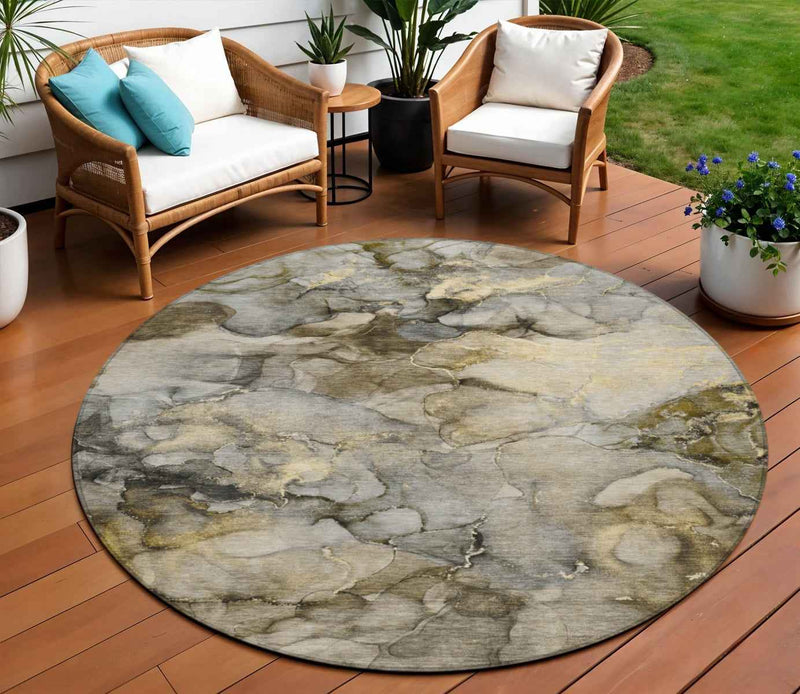 8' Pewter And Gold Round Abstract Washable Indoor Outdoor Area Rug