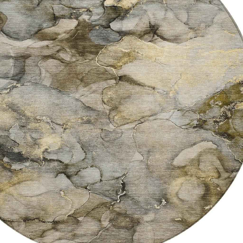 8' Pewter And Gold Round Abstract Washable Indoor Outdoor Area Rug