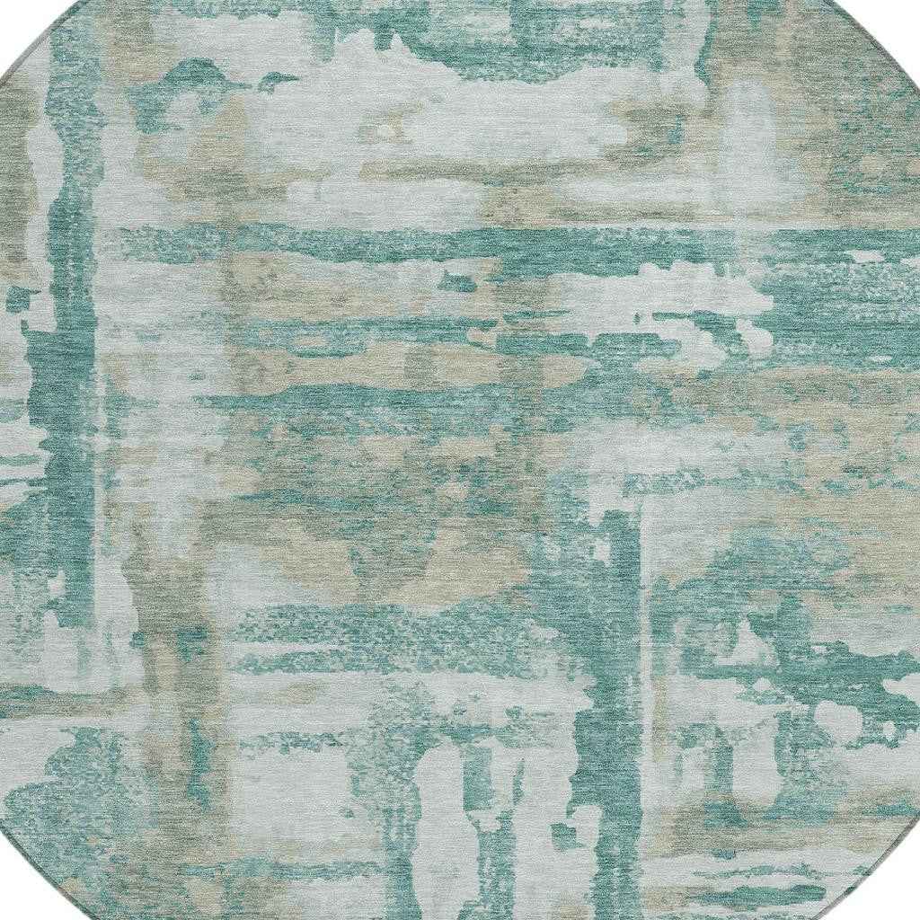 8' Teal Blue And Ivory Round Abstract Washable Indoor Outdoor Area Rug