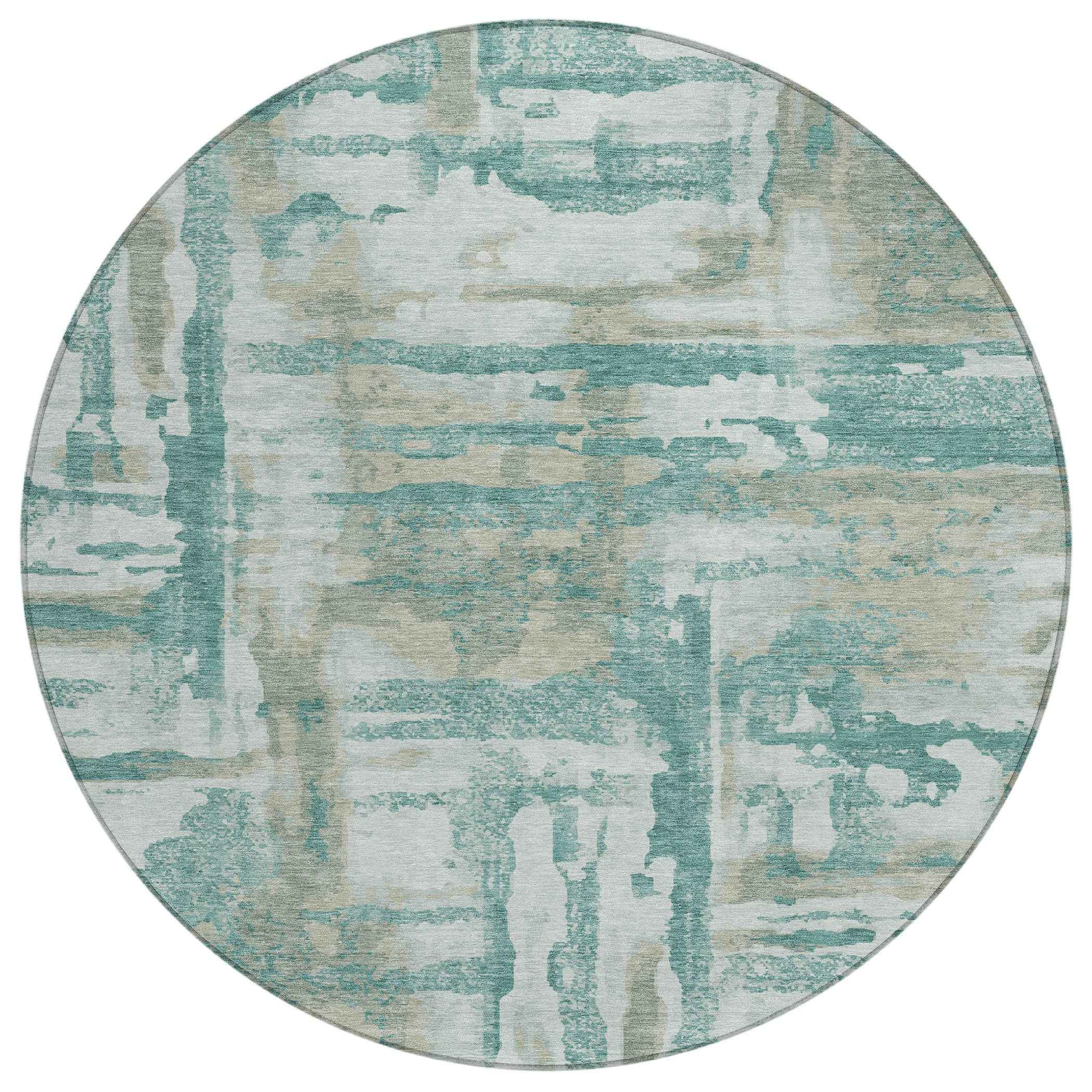 8' Teal Blue And Ivory Round Abstract Washable Indoor Outdoor Area Rug