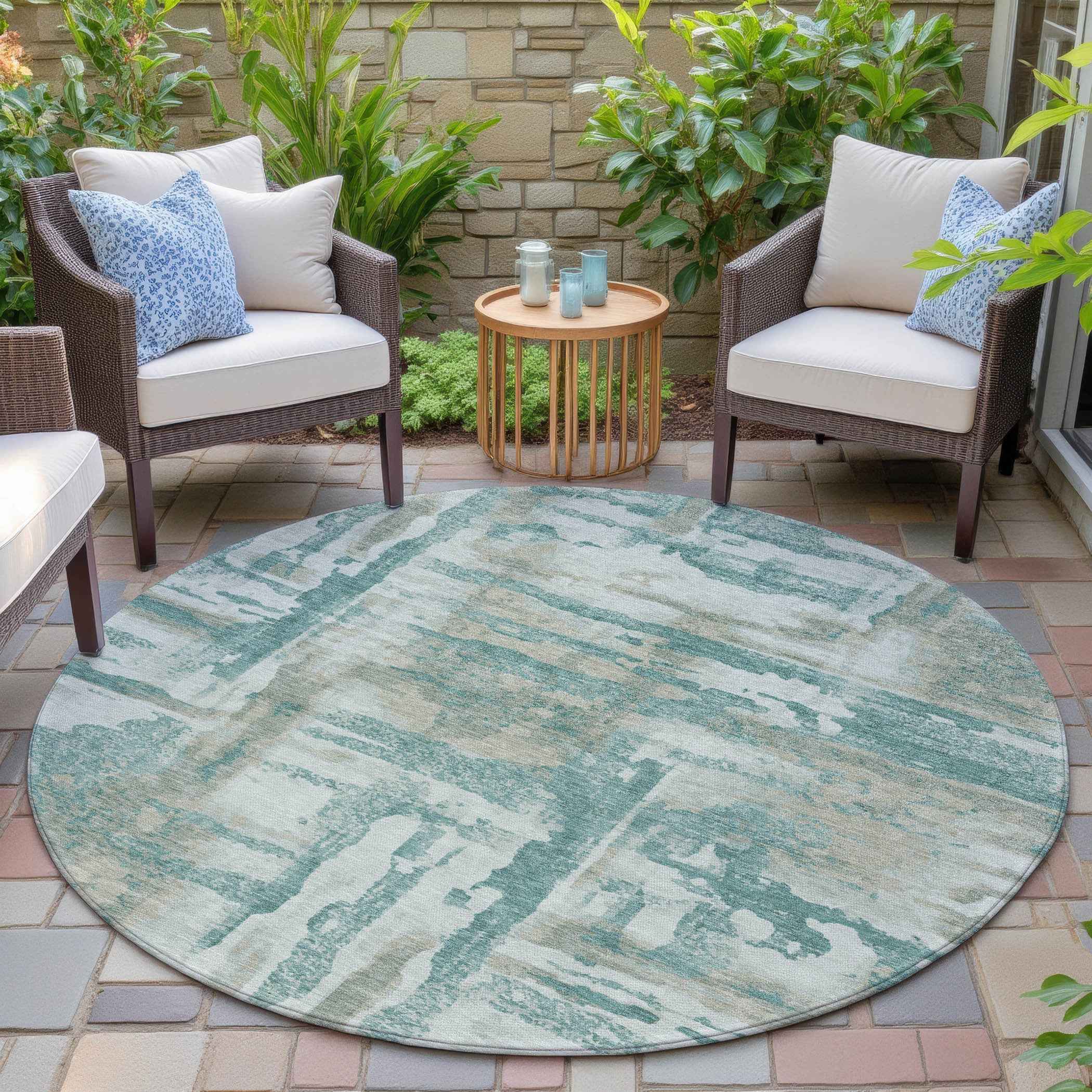 8' Teal Blue And Ivory Round Abstract Washable Indoor Outdoor Area Rug