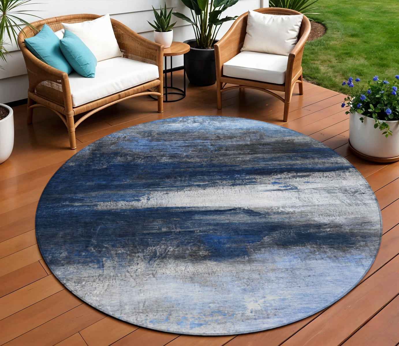 8' Navy Blue Charcoal And Ivory Round Abstract Washable Indoor Outdoor Area Rug