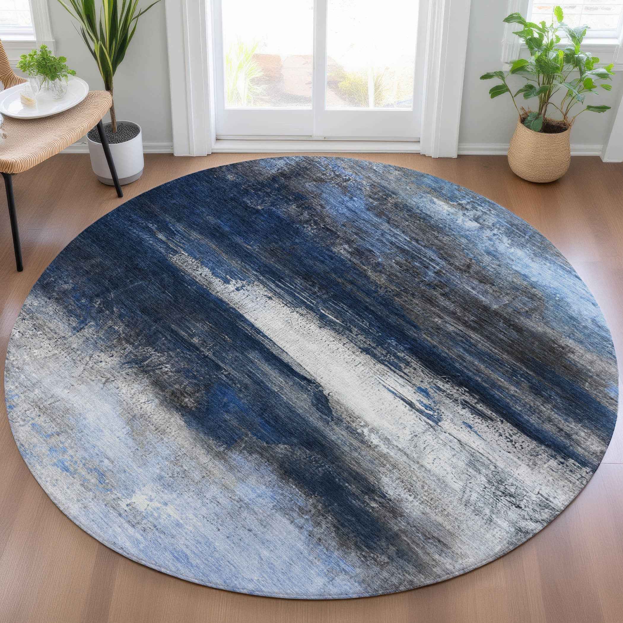 8' Navy Blue Charcoal And Ivory Round Abstract Washable Indoor Outdoor Area Rug