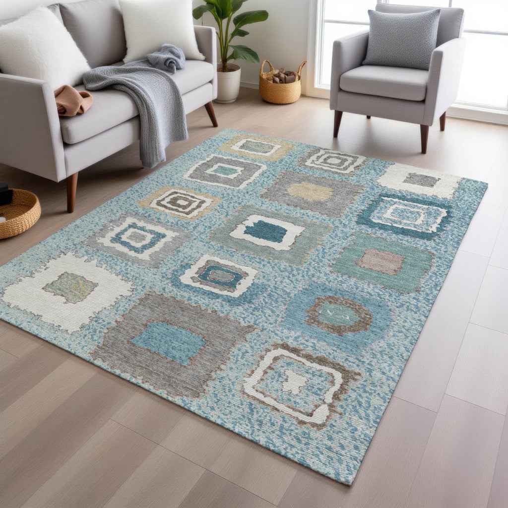 8' X 10' Teal Blue Beige And Ivory Geometric Washable Indoor Outdoor Area Rug