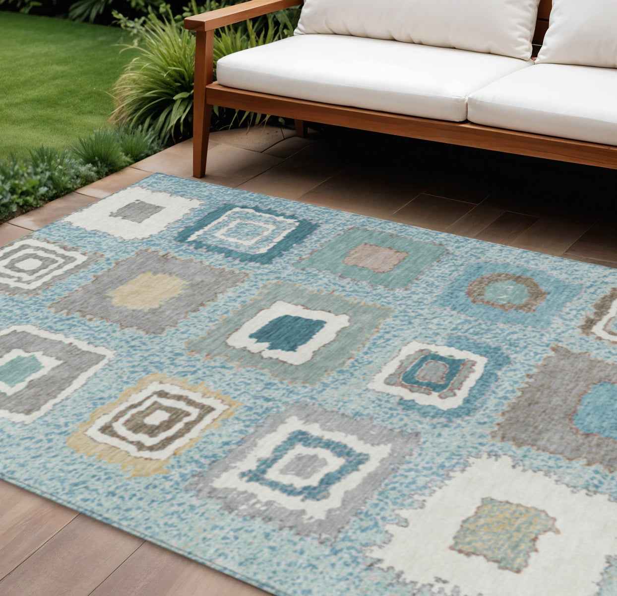 8' X 10' Teal Blue Beige And Ivory Geometric Washable Indoor Outdoor Area Rug