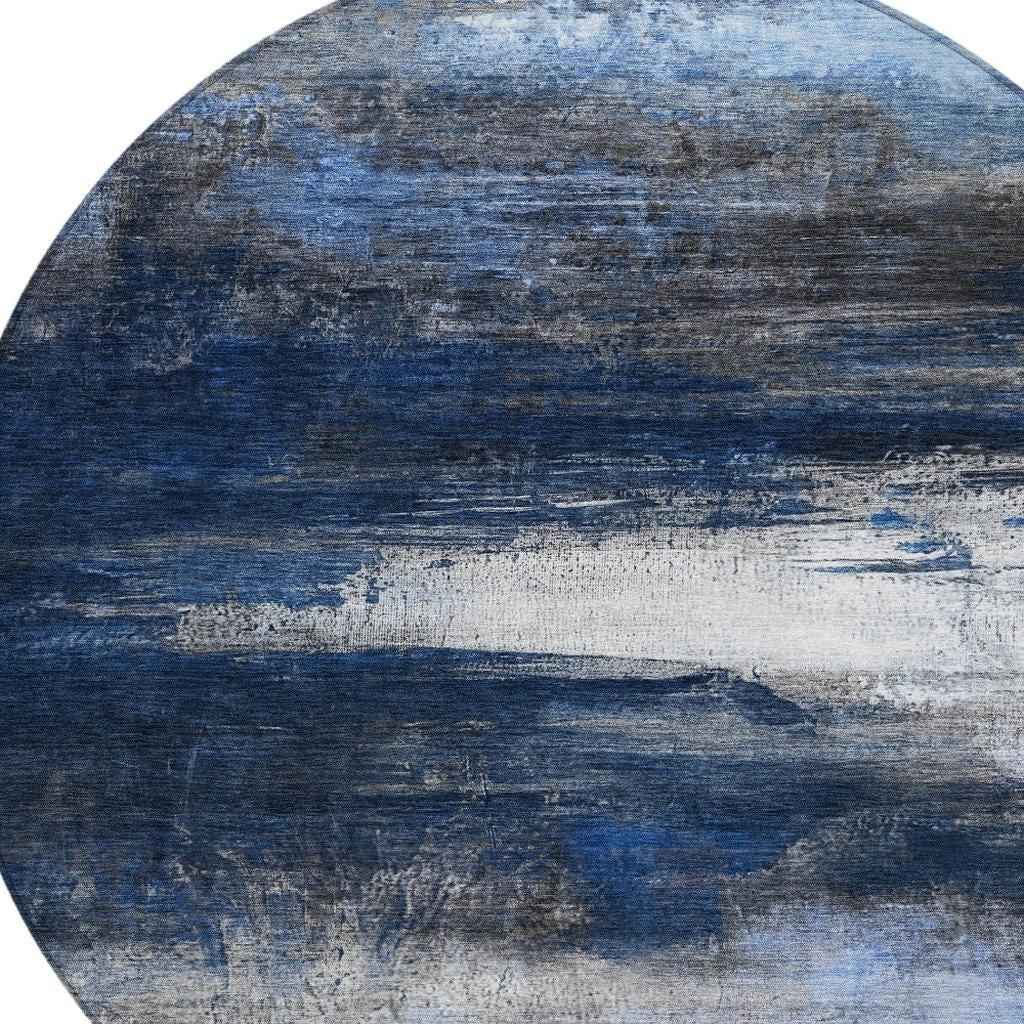 8' Navy Blue Charcoal And Ivory Round Abstract Washable Indoor Outdoor Area Rug